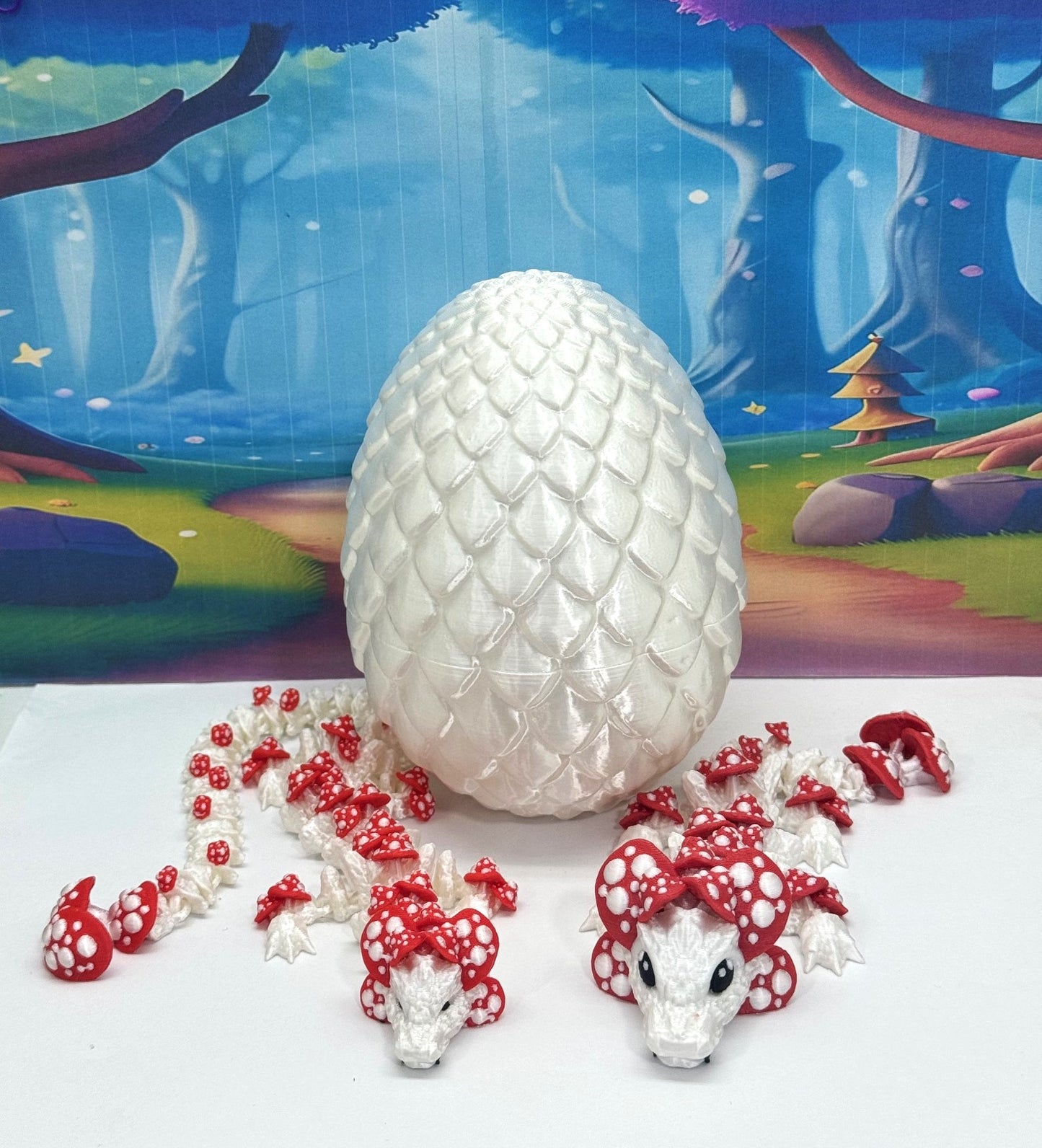 3D Printed Dragons and Egg, Articulated White and Red Mushroom Dragons, Fidget ADHD Toy MCD-036-06-WE