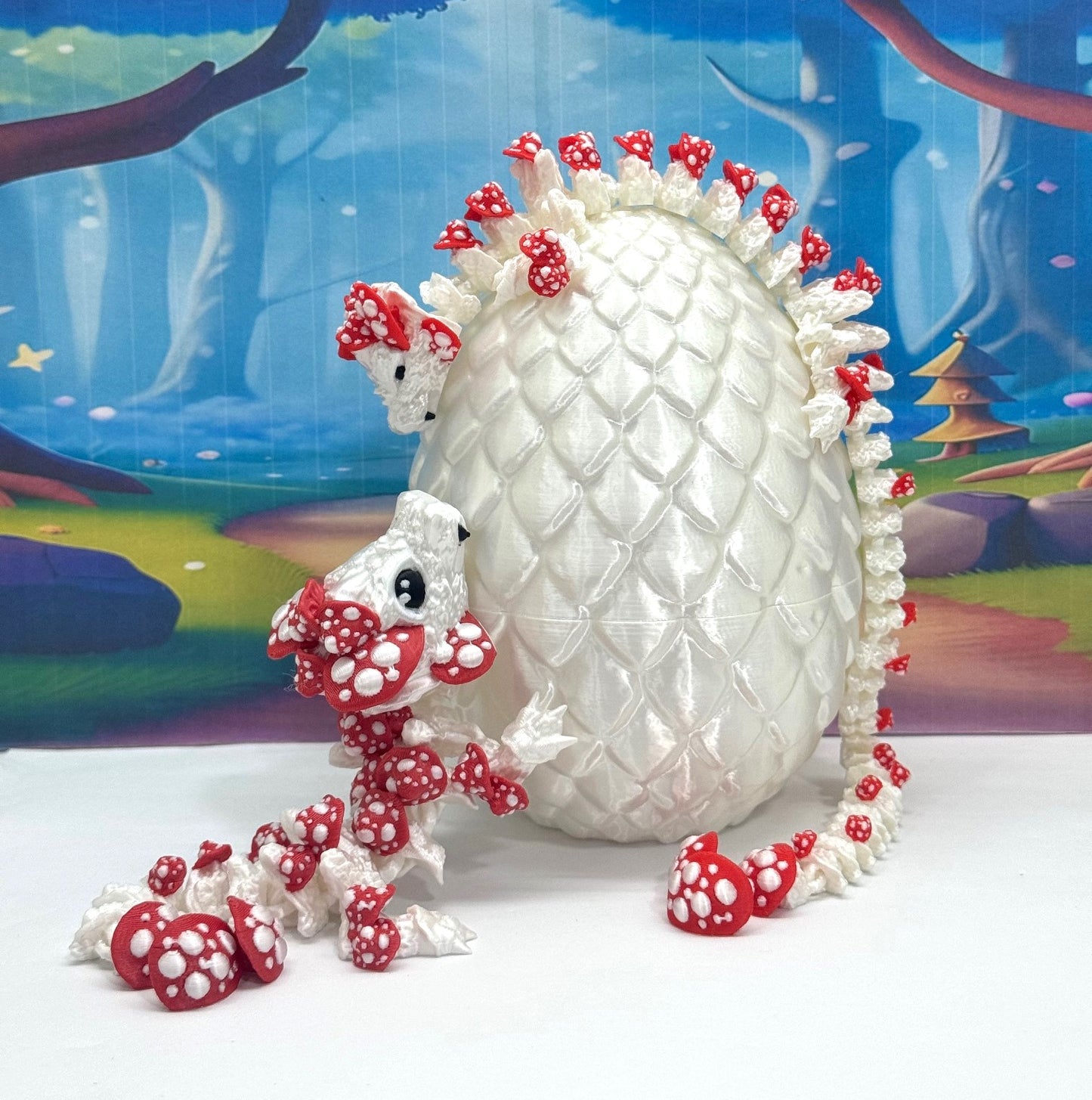 3D Printed Dragons and Egg, Articulated White and Red Mushroom Dragons, Fidget ADHD Toy MCD-036-06-WE