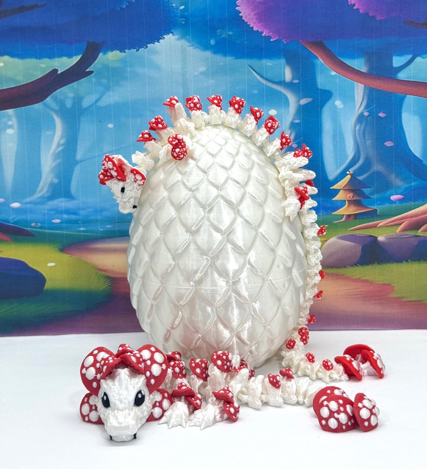 3D Printed Dragons and Egg, Articulated White and Red Mushroom Dragons, Fidget ADHD Toy MCD-036-06-WE