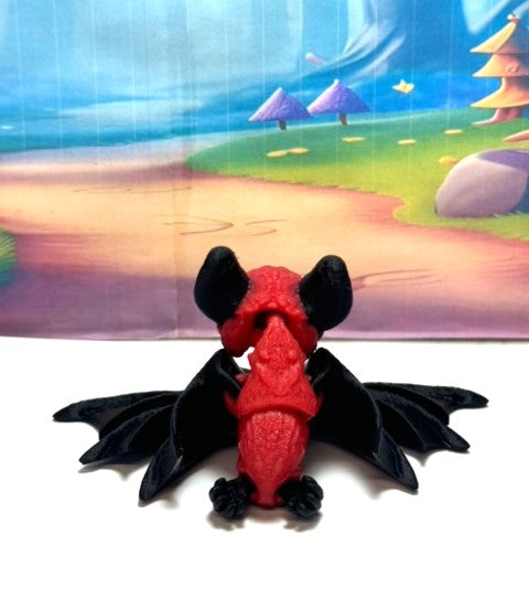 Cute 3D Printed Bat, Articulated Cinderbat for Halloween Decor, Black and Red Spooky Poseable Trick or Treat Bats.