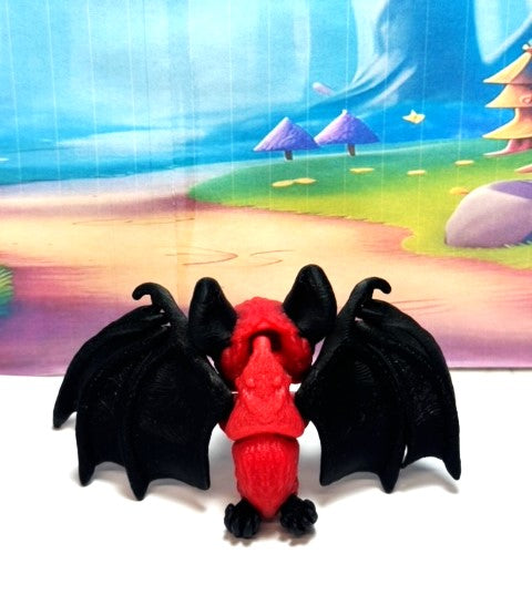 Cute 3D Printed Bat, Articulated Cinderbat for Halloween Decor, Black and Red Spooky Poseable Trick or Treat Bats.