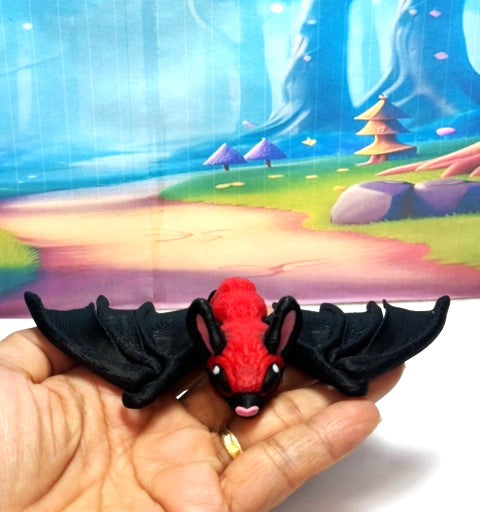 Cute 3D Printed Bat, Articulated Cinderbat for Halloween Decor, Black and Red Spooky Poseable Trick or Treat Bats.