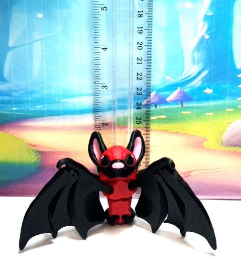 Cute 3D Printed Bat, Articulated Cinderbat for Halloween Decor, Black and Red Spooky Poseable Trick or Treat Bats.