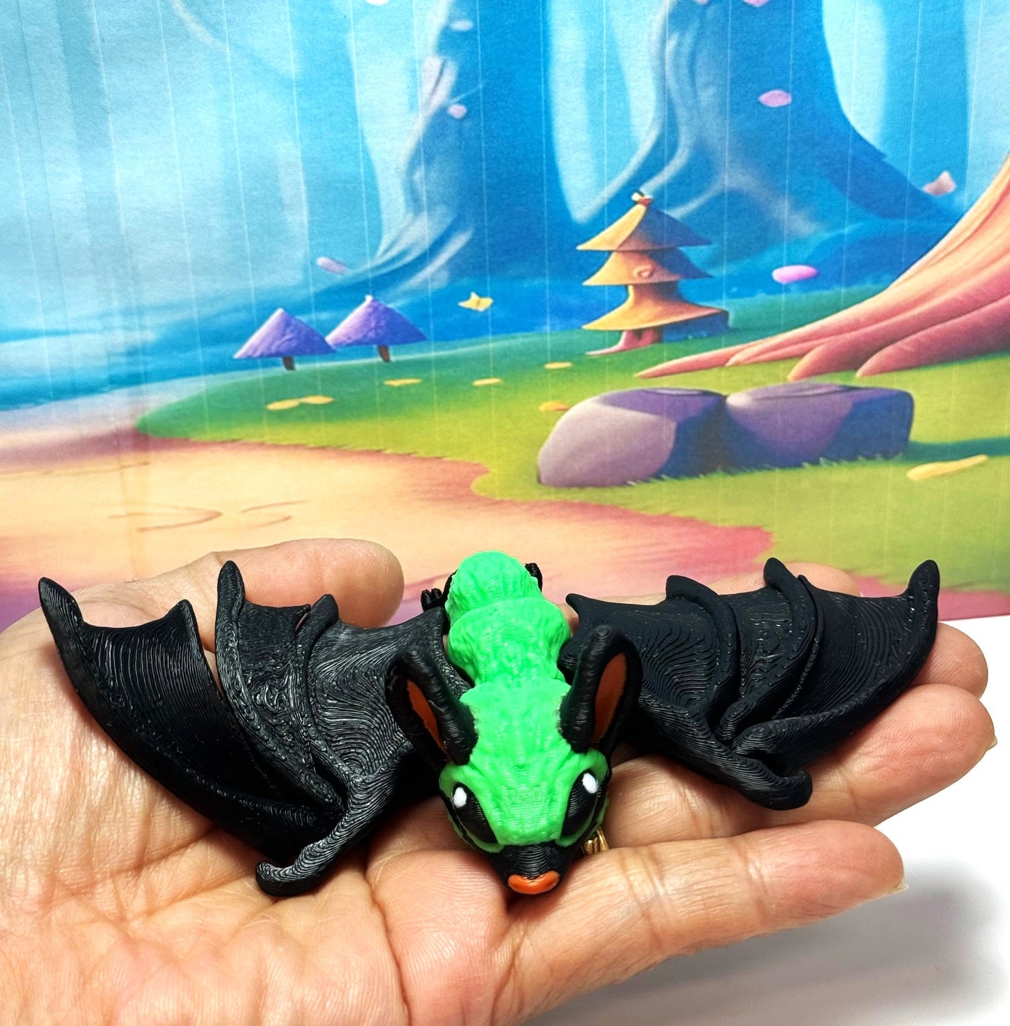 3D Printed Bat, Articulated Cinderbat for Halloween Decor, Black and Green Spooky Poseable Trick or Treat Bats.