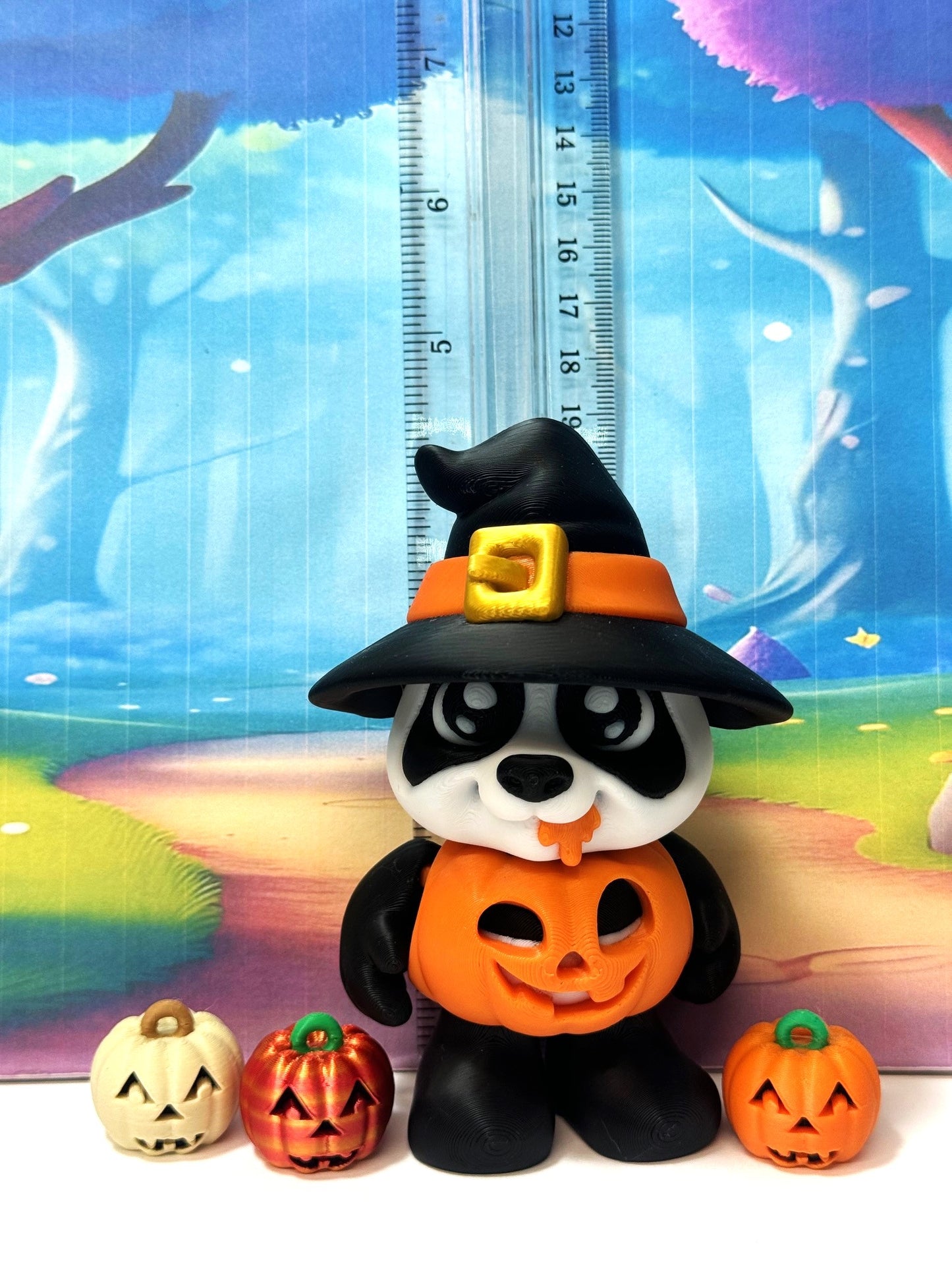 Pumpkin Panda – 3D Printed Articulated Panda – 4" Halloween Witch Hat Panda Figurine - Fall Holiday Decoration