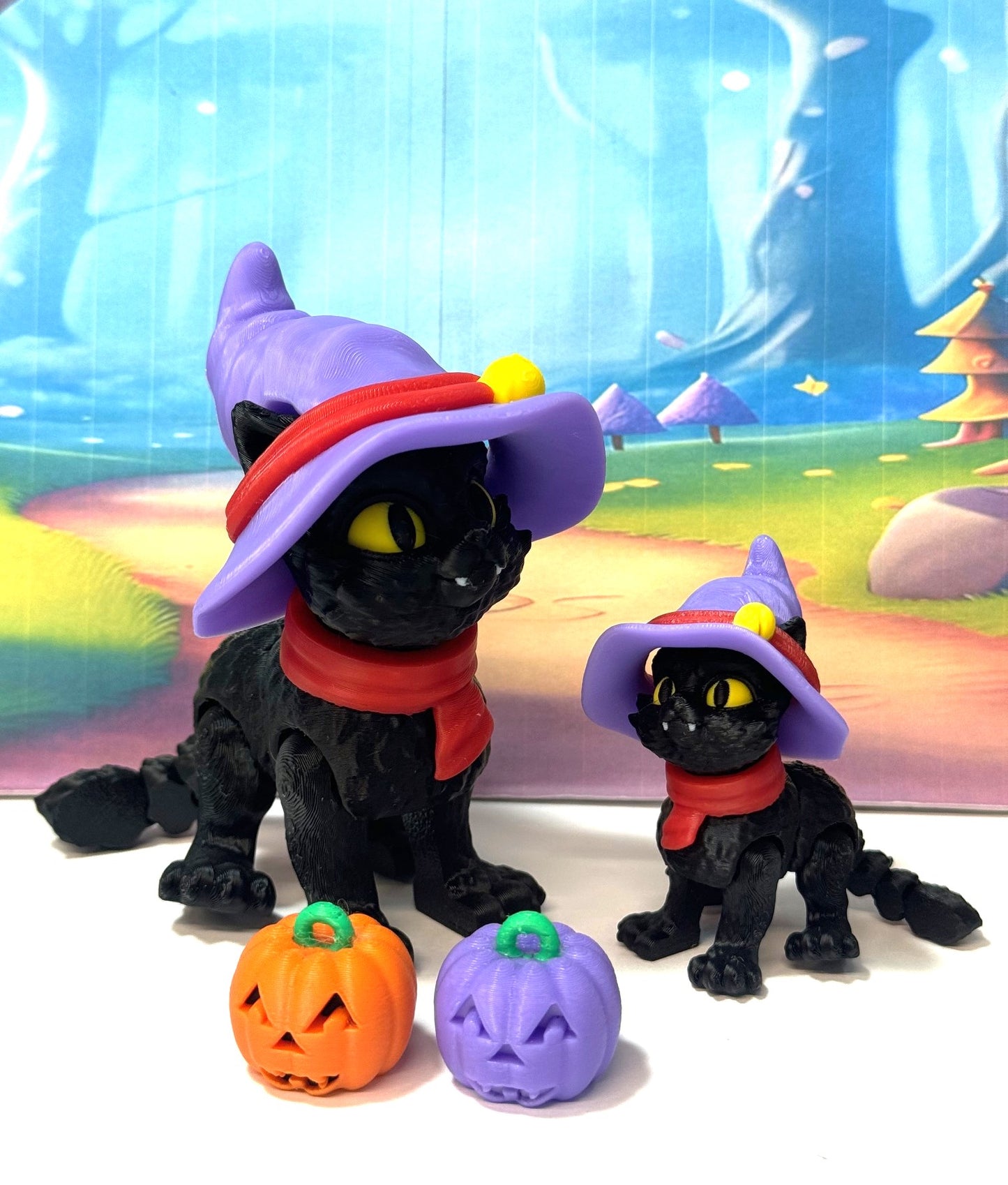 2pcs Cat in the Hat – 3D Printed Articulated Cat – Spooky Halloween Cat Witch Hat Figurine - Fall Holiday Decoration