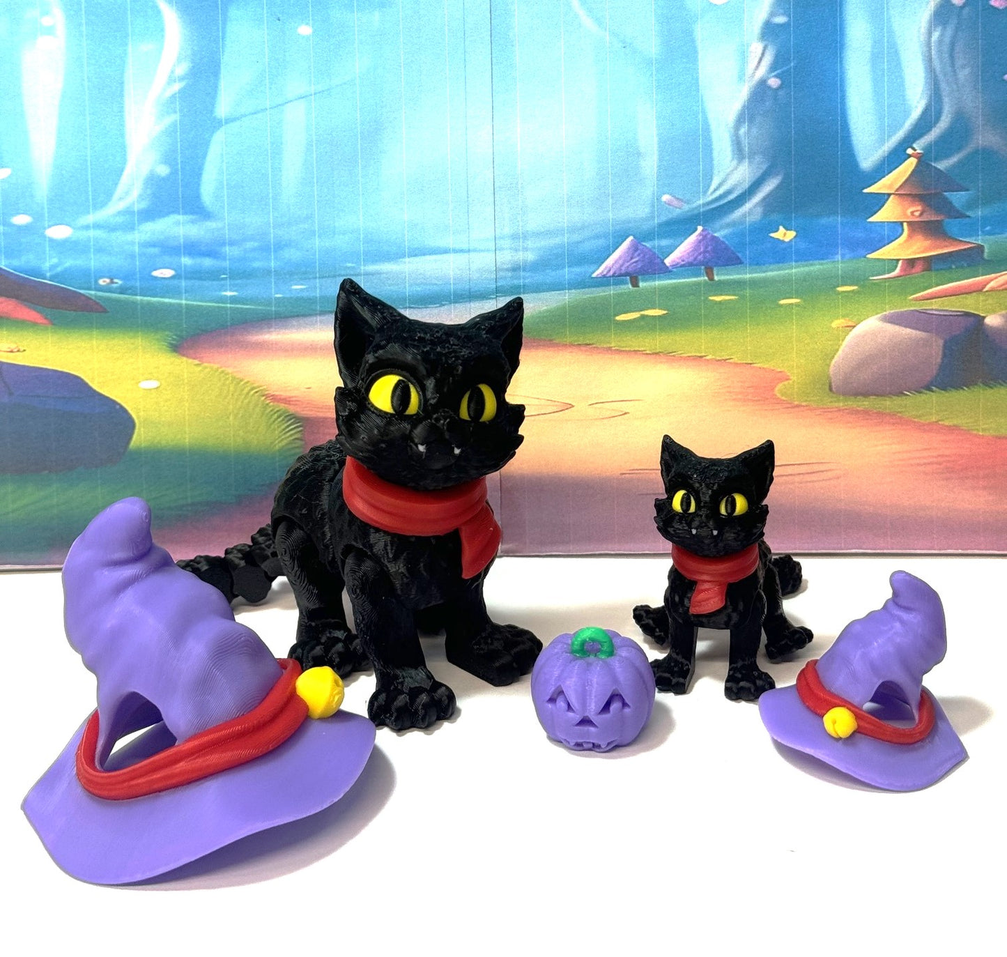 2pcs Cat in the Hat – 3D Printed Articulated Cat – Spooky Halloween Cat Witch Hat Figurine - Fall Holiday Decoration