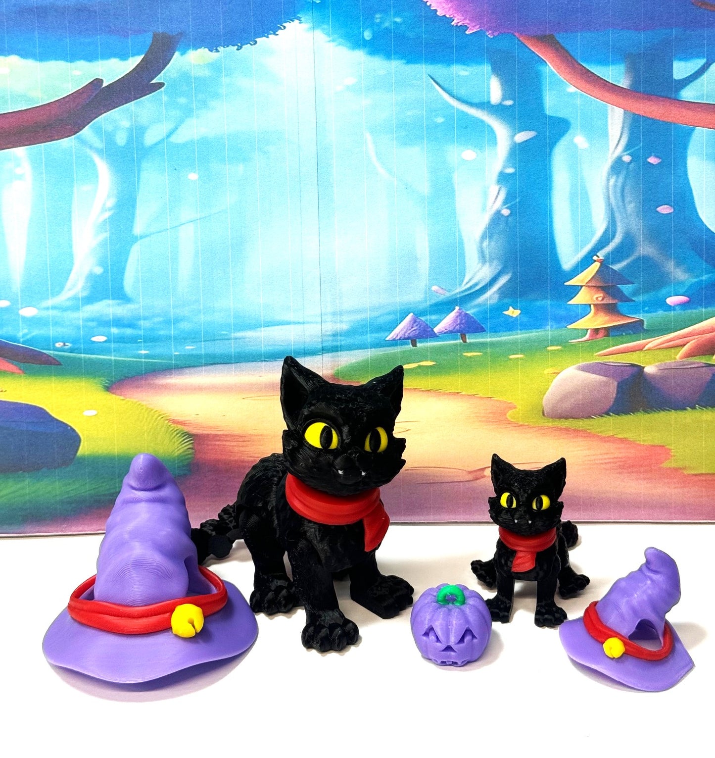 2pcs Cat in the Hat – 3D Printed Articulated Cat – Spooky Halloween Cat Witch Hat Figurine - Fall Holiday Decoration