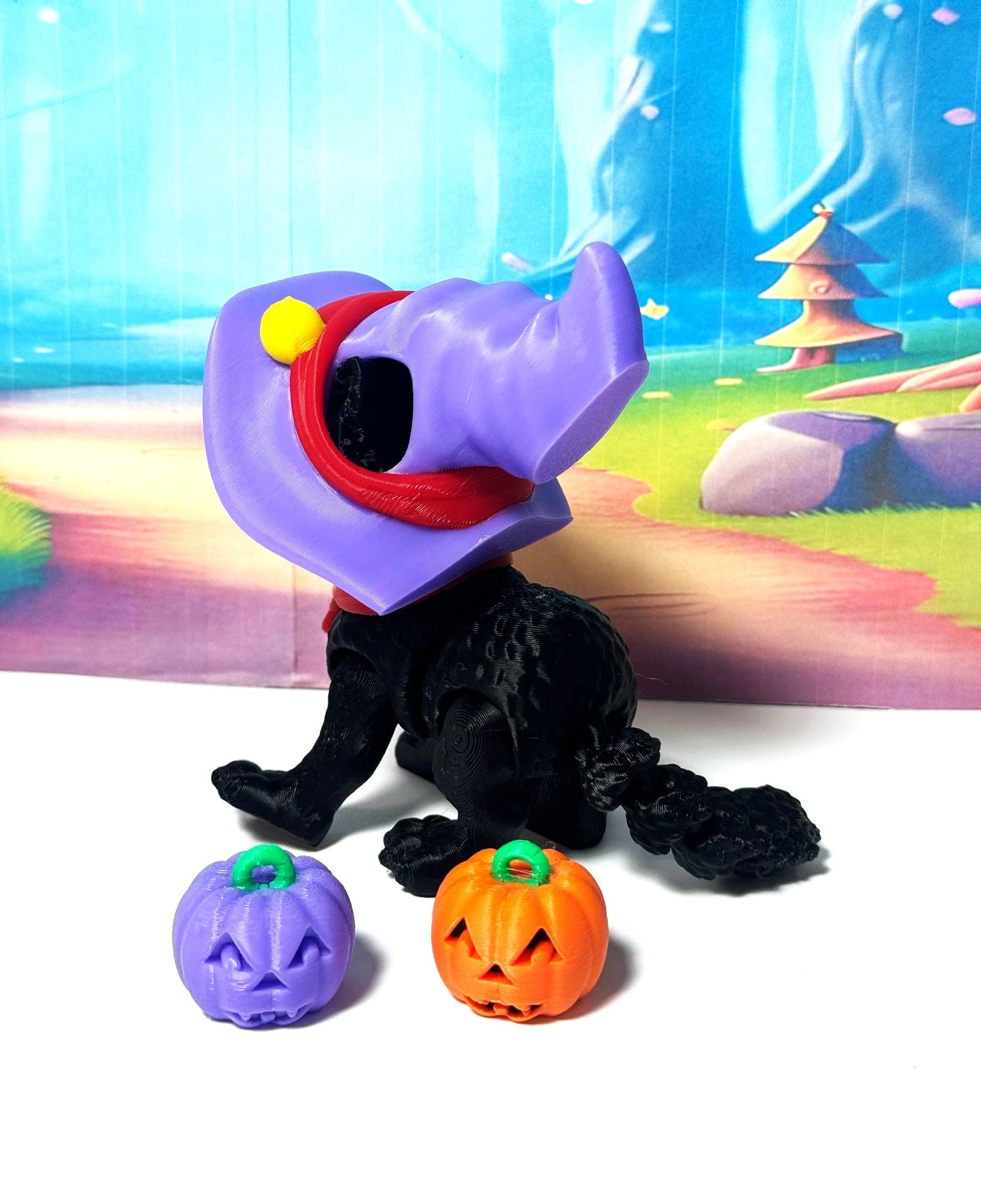 Cat in the Hat – 3D Printed Articulated Cat – 3" Spooky Halloween Cat Witch Hat Figurine - Fall Holiday Decoration