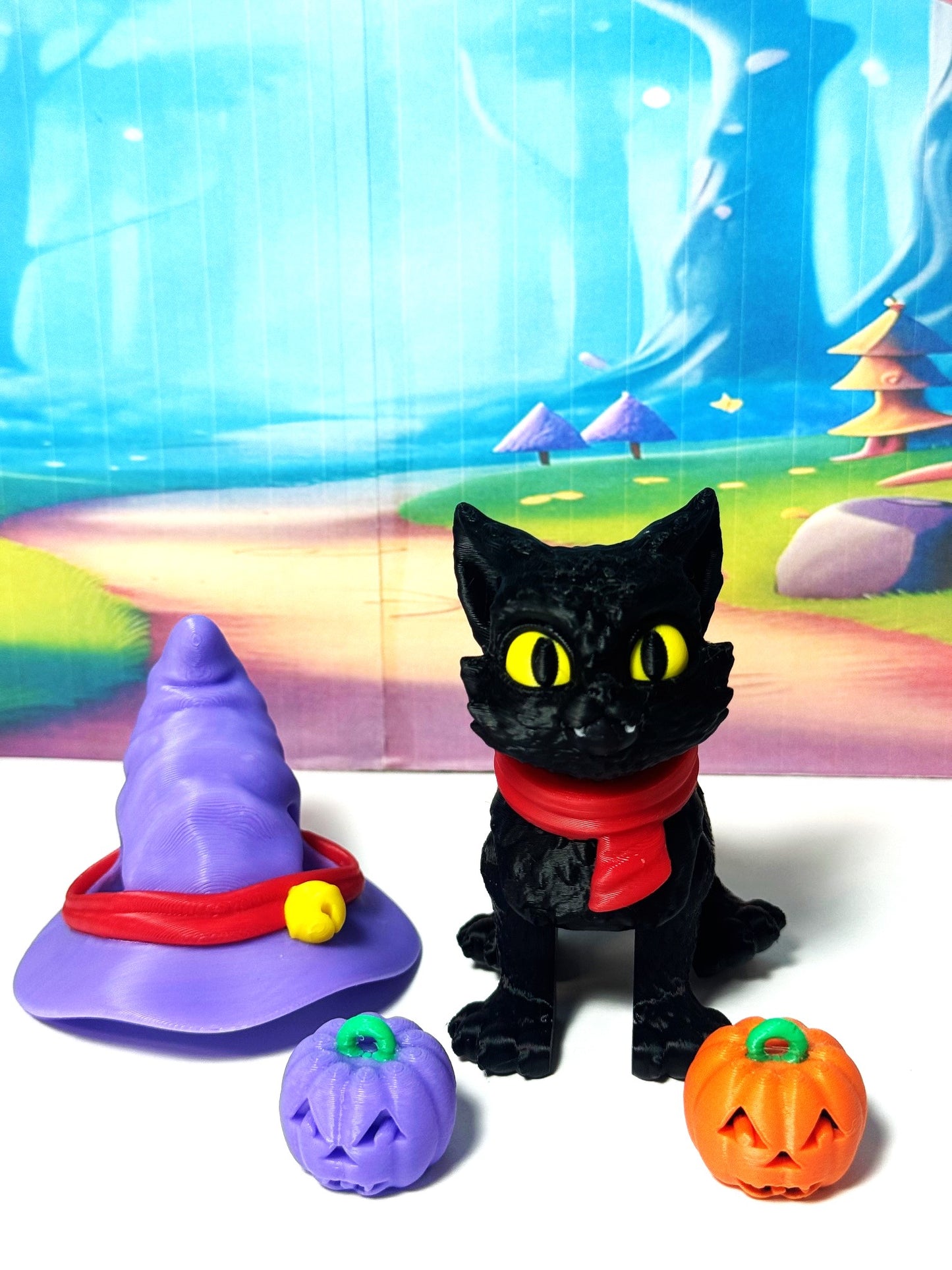 Cat in the Hat – 3D Printed Articulated Cat – 3" Spooky Halloween Cat Witch Hat Figurine - Fall Holiday Decoration