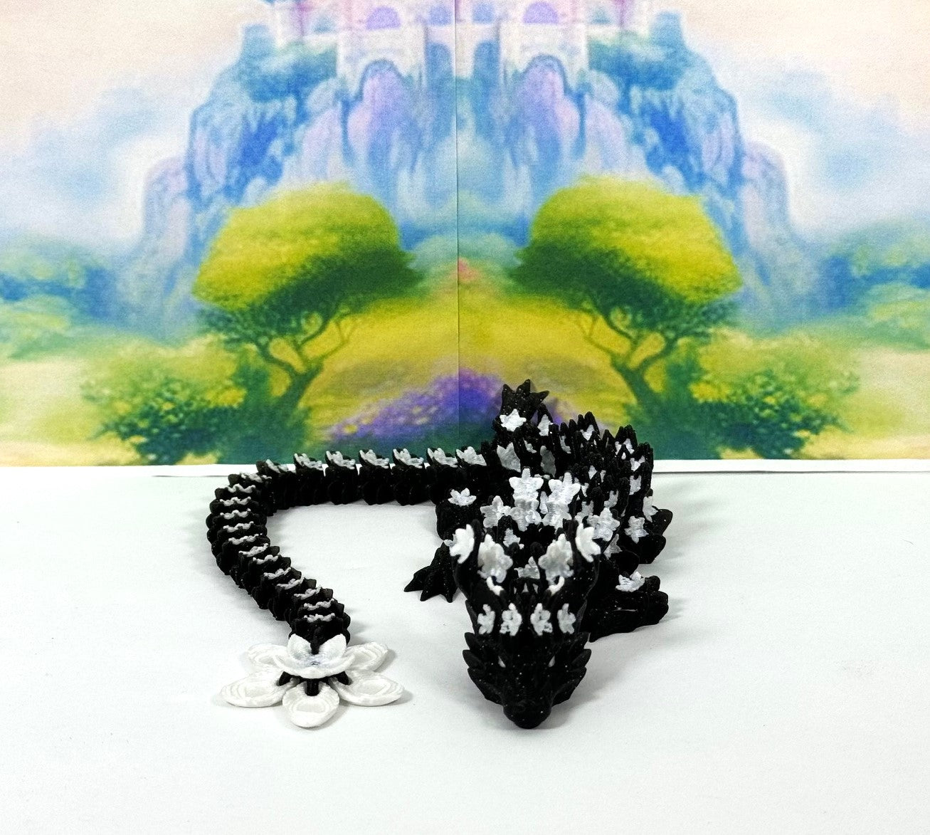 3D Printed Dragon, Articulated Black and White Cherry Blossom Dragon, Fidget ADHD Dragon Toy - D019-DR