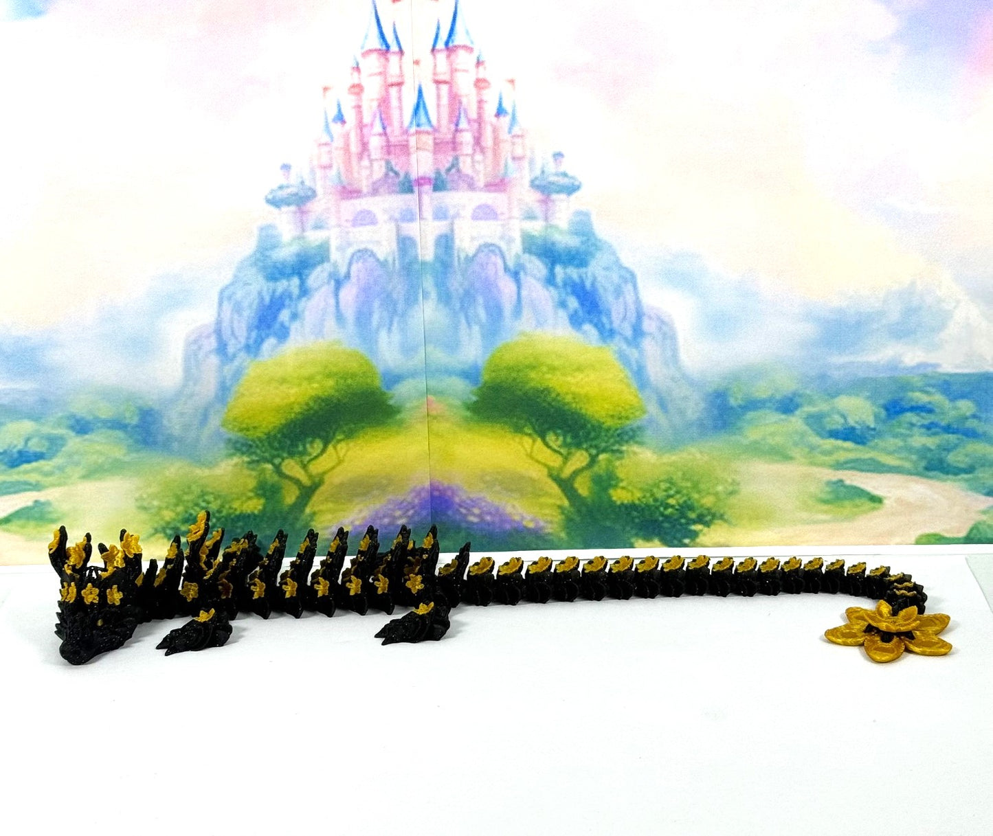 3D Printed Dragon, Articulated Black and Gold Cherry Blossom Dragon, Fidget ADHD Dragon Toy - D043-DR