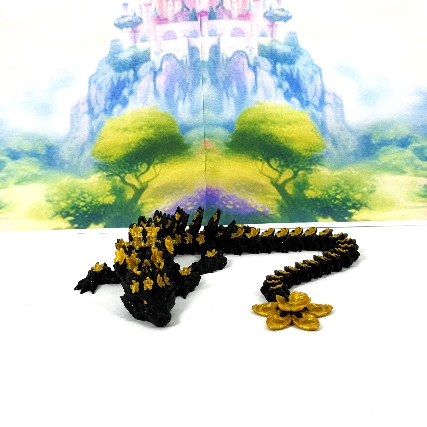 3D Printed Dragon, Articulated Black and Gold Cherry Blossom Dragon, Fidget ADHD Dragon Toy - D043-DR