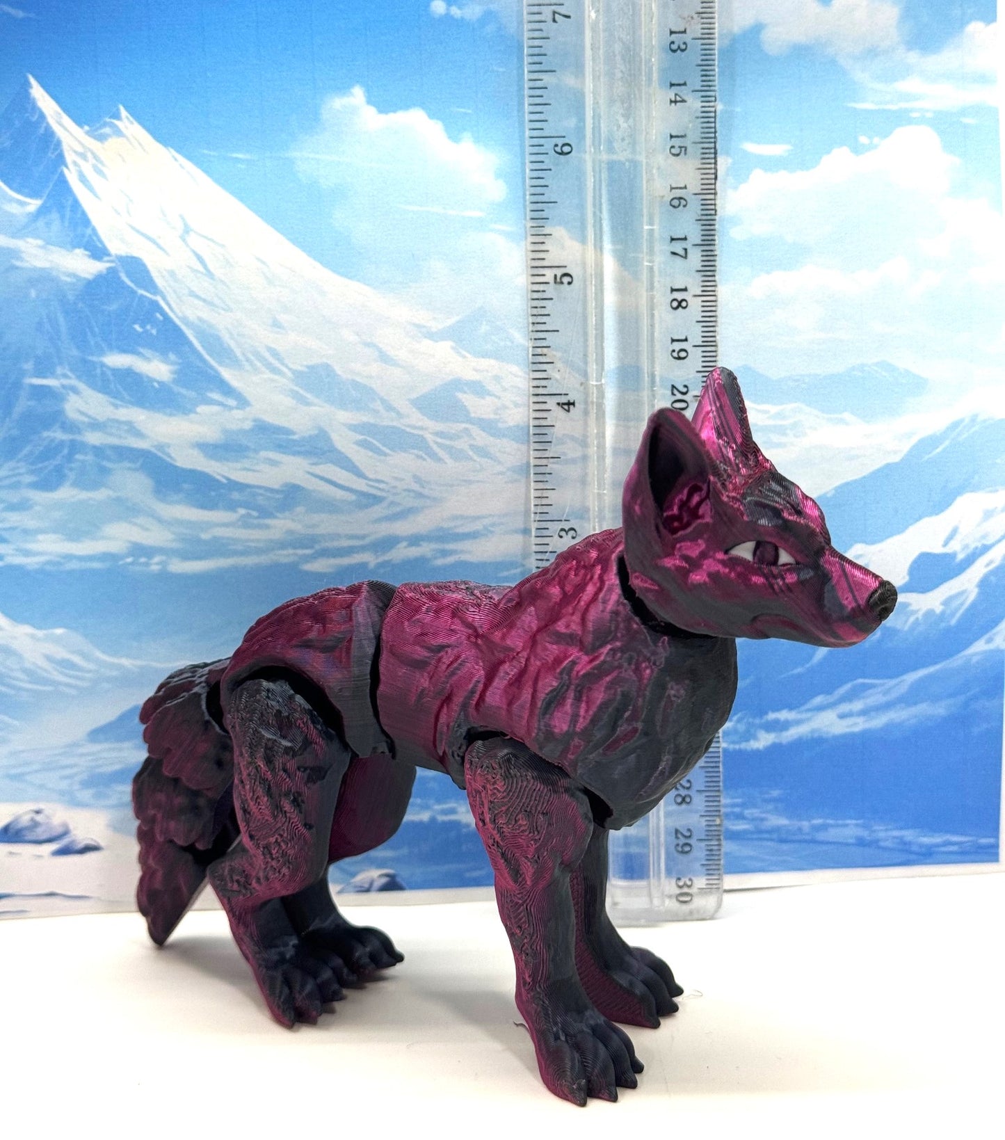 Articulated Wolf Toy, 3D Printed Wolf, 4.75" Black and Rose Red Executive Desk Decor, Fidget Toy
