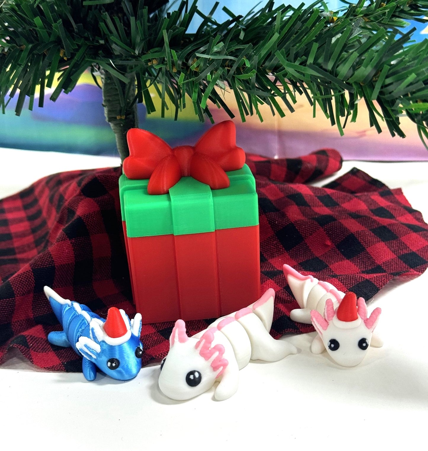 3pcs Mini Axolotl 3d Printed Christmas Axolotl Charms, 3D Printed Christmas Gift Box Container, Tiny Animal Figures Christmas Hat Axolotl Toy - MCA001-GB (Copy)