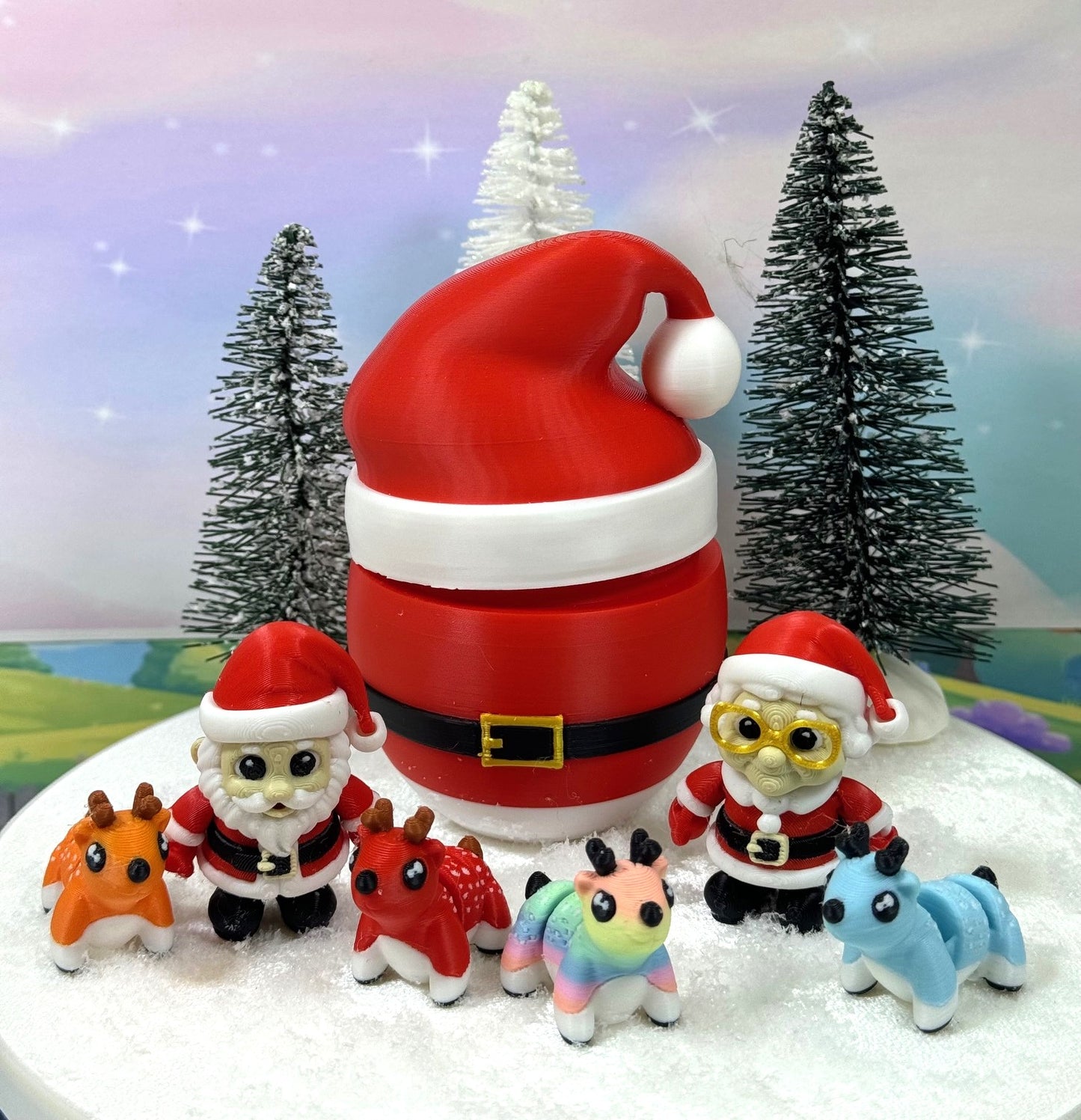 6pcs 3d Printed Santa Clause and Mrs Clause Figures, Articulated Mini Reindeers, 3D Printed Santa Egg Container, Christmas Tiny Animal Figures, Fidget ADH Toys - MSRE-SET1