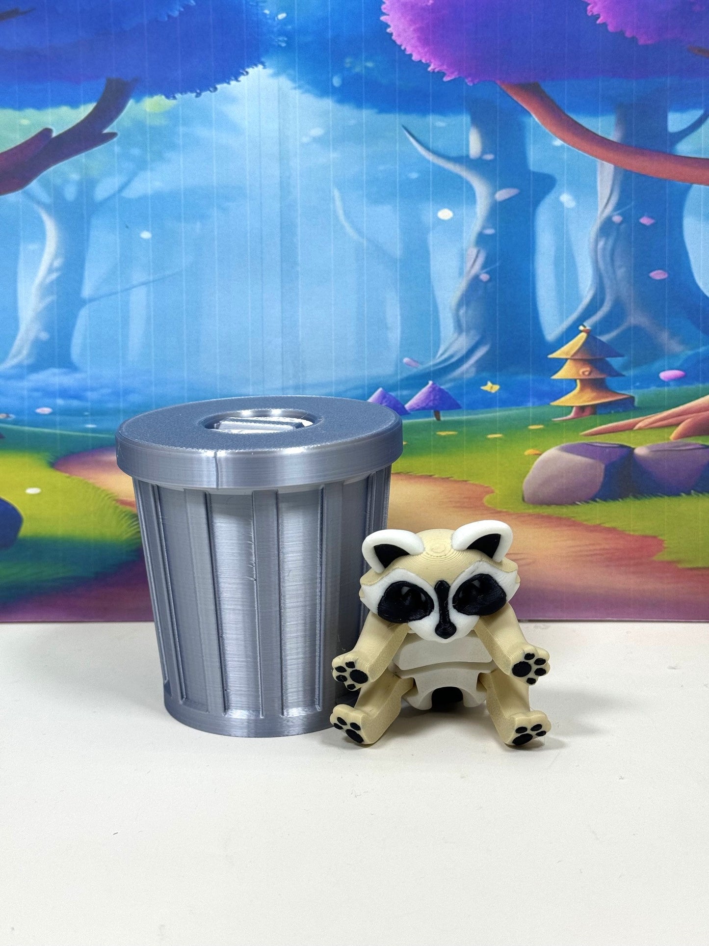 3pcs Articulated Racoon with Trashcan, 3D Printed Cookies and Cream Trash Panda Racoons Tiny Animal Figures, Fidget ADHD Autism Toy AR005-SET