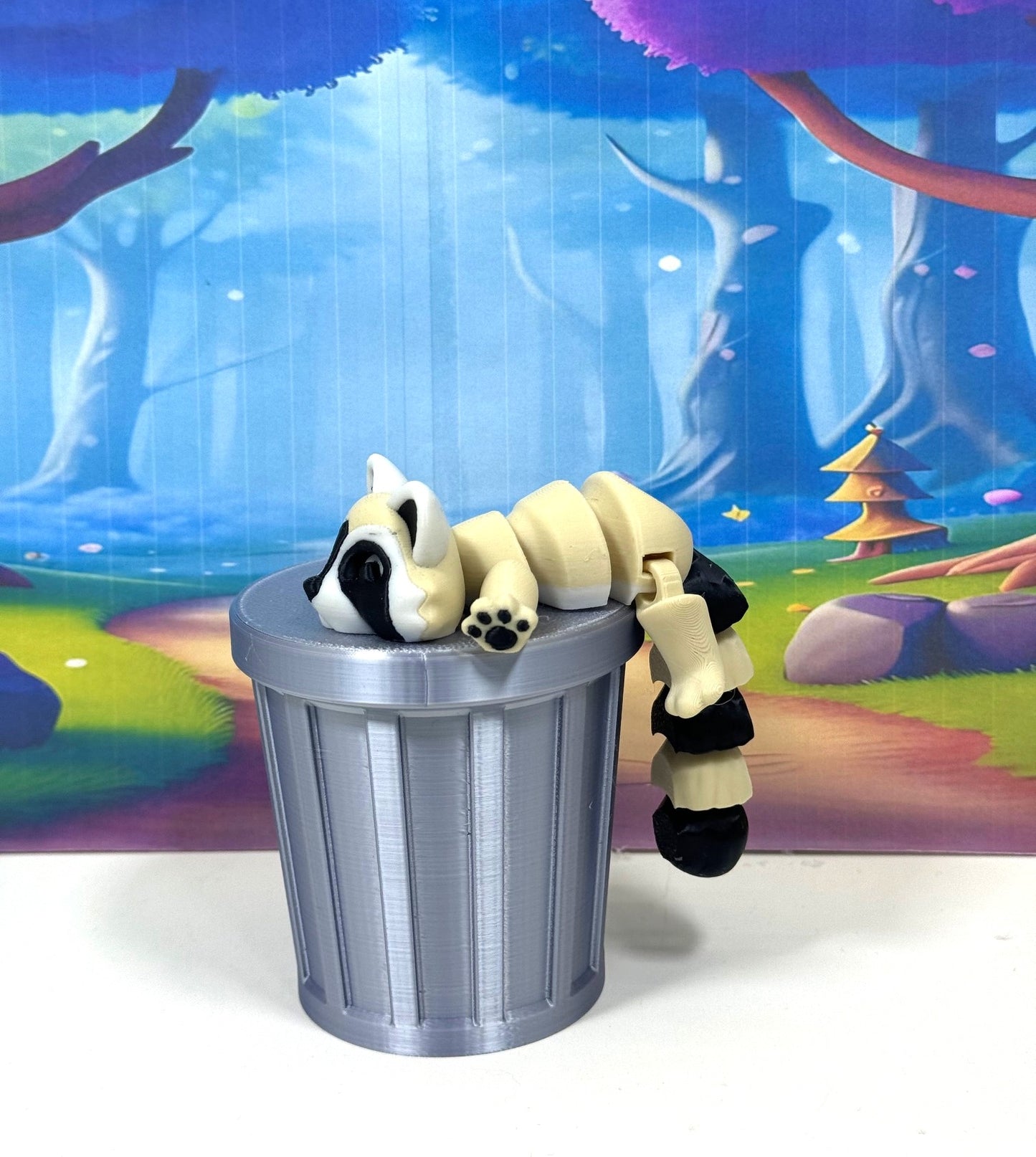 3pcs Articulated Racoon with Trashcan, 3D Printed Cookies and Cream Trash Panda Racoons Tiny Animal Figures, Fidget ADHD Autism Toy AR005-SET