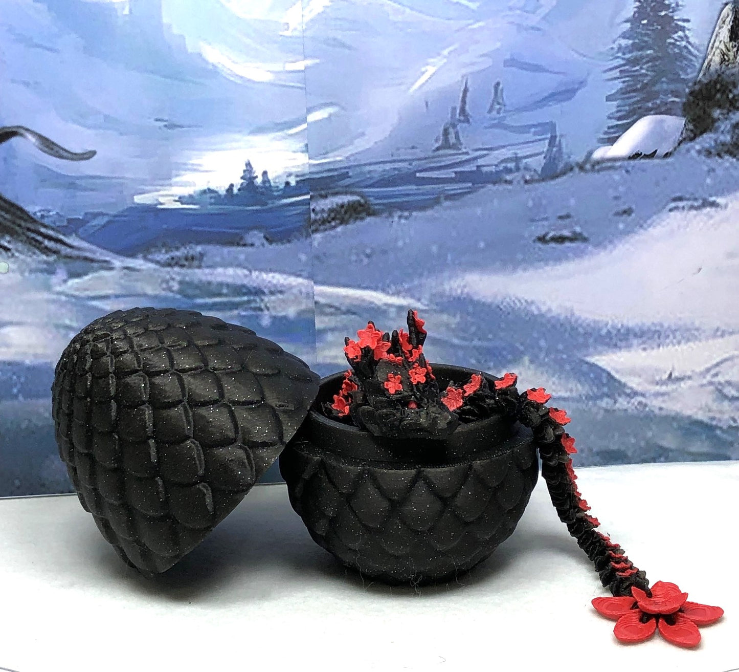 3D Printed Dragon with Egg, Articulated Black and Red Cherry Blossom Dragon, Fidget ADHD Dragon Toy - D020