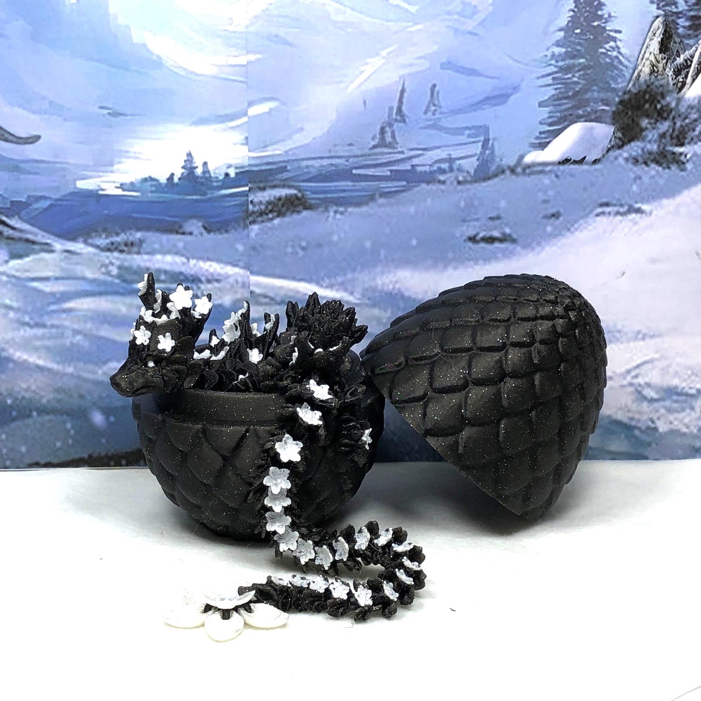 3D Printed Dragon with Egg, Articulated Black and White Cherry Blossom Dragon, Fidget ADHD Dragon Toy - D019