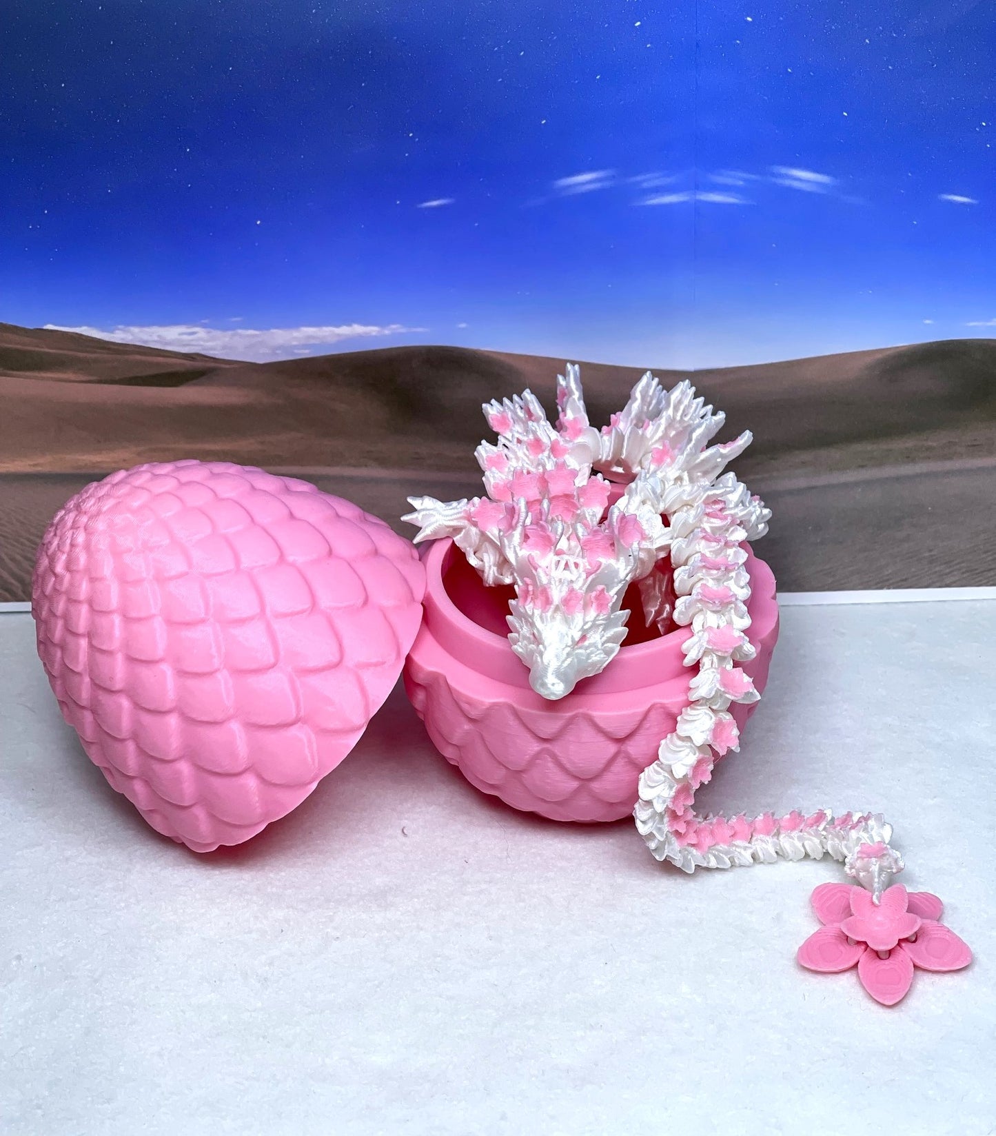 3D Printed Dragon with Egg, Articulated White and Pink Cherry Blossom Dragon, Fidget ADHD Dragon Toy - D016