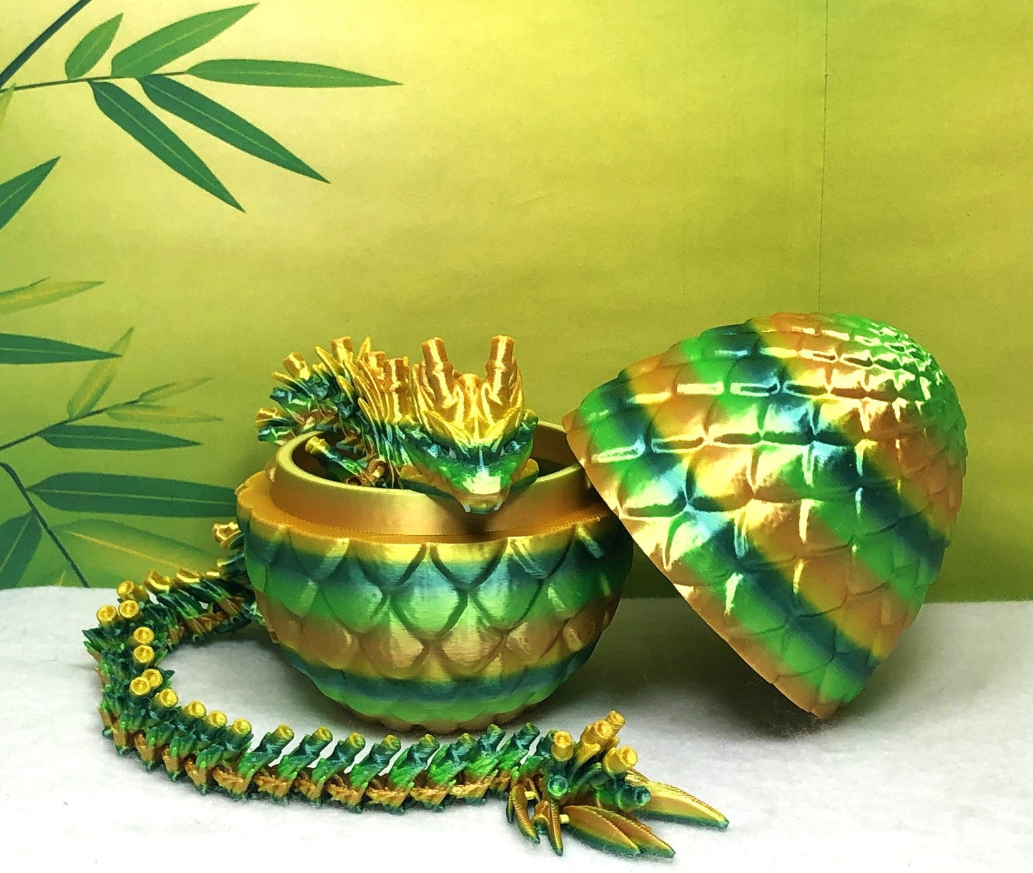 3D Printed Dragon with Egg, Articulated Yellow and Green Bamboo Dragon, Fidget ADHD Dragon Toy - D027