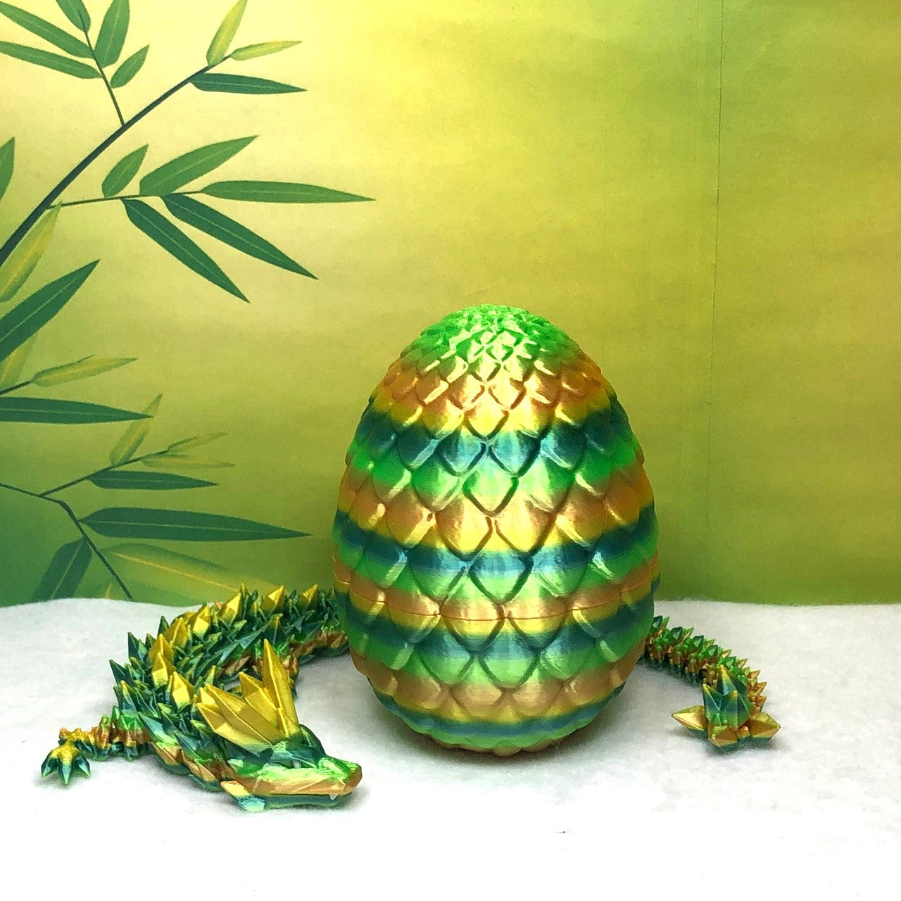 3D Printed Dragon with Egg, Articulated Yellow and Green Crystal Dragon, Fidget ADHD Dragon Toy - D026