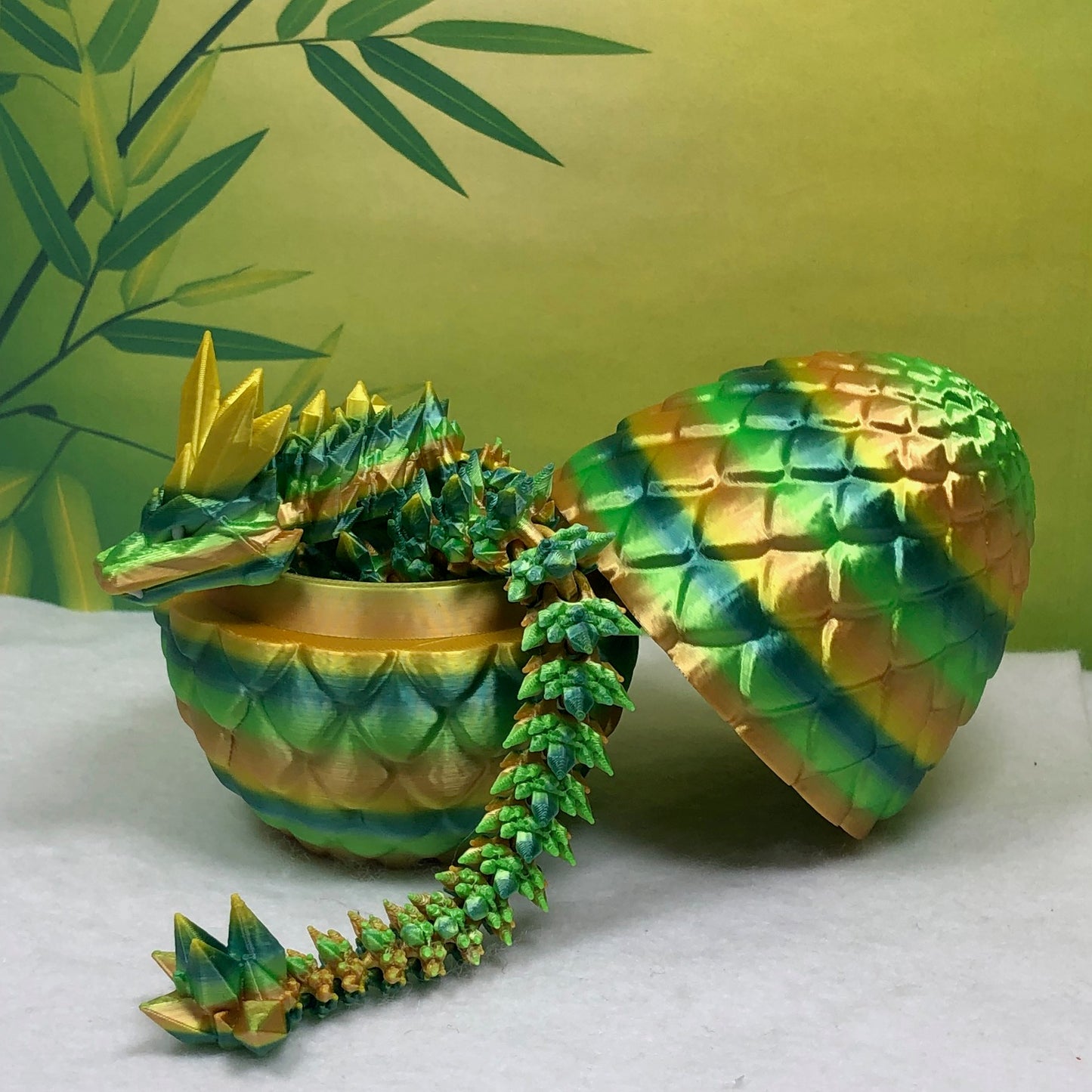 3D Printed Dragon with Egg, Articulated Yellow and Green Crystal Dragon, Fidget ADHD Dragon Toy - D026