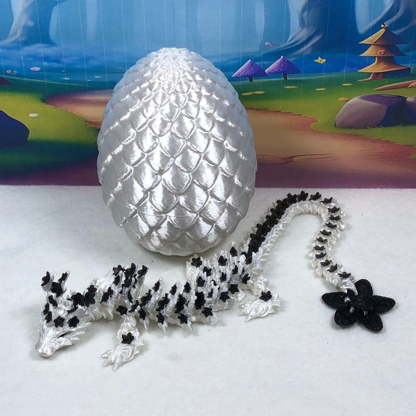 3D Printed Dragon with Egg, Articulated White AND Black Cherry Blossom Dragon, Fidget ADHD Dragon Toy - D030-WE