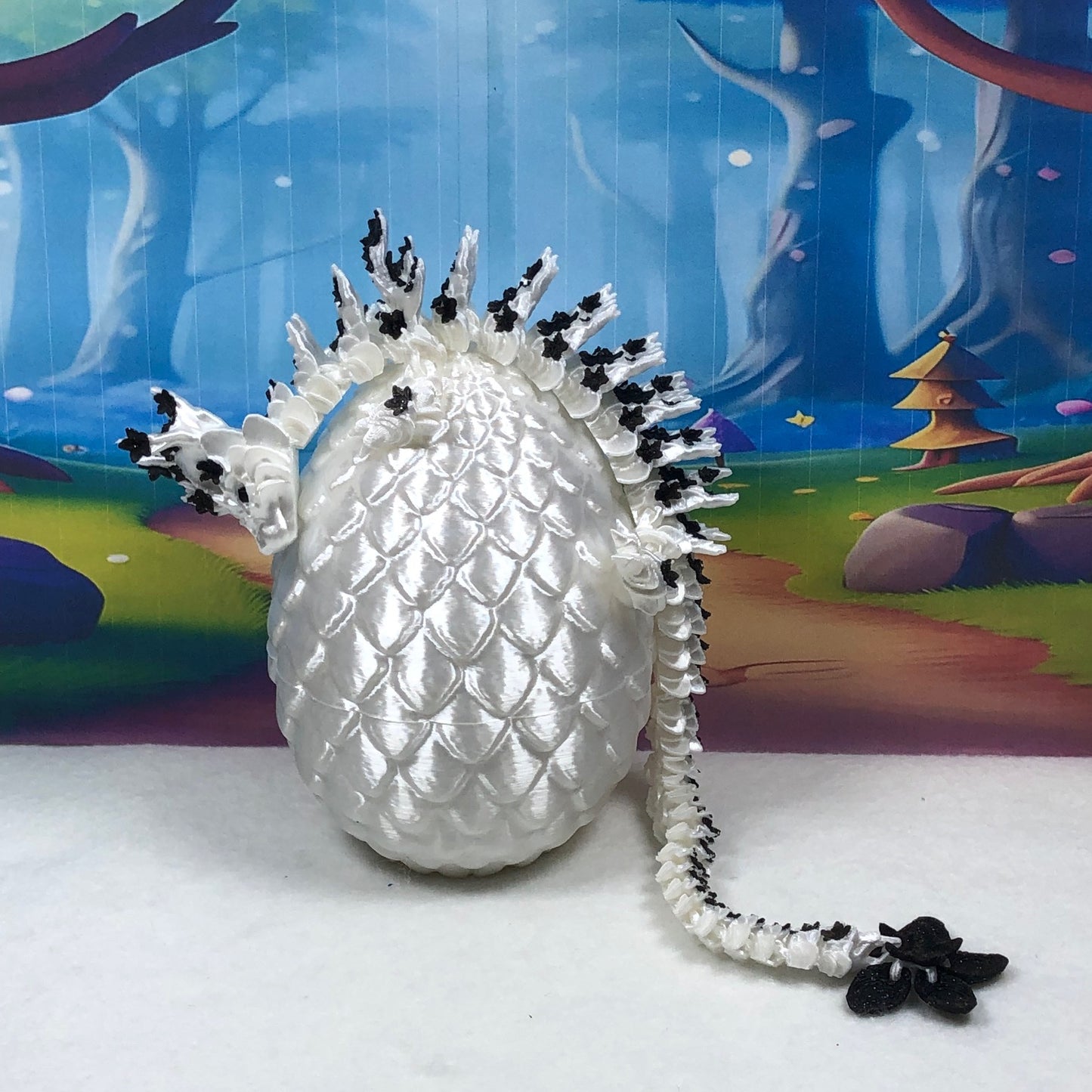 3D Printed Dragon with Egg, Articulated White AND Black Cherry Blossom Dragon, Fidget ADHD Dragon Toy - D030-WE