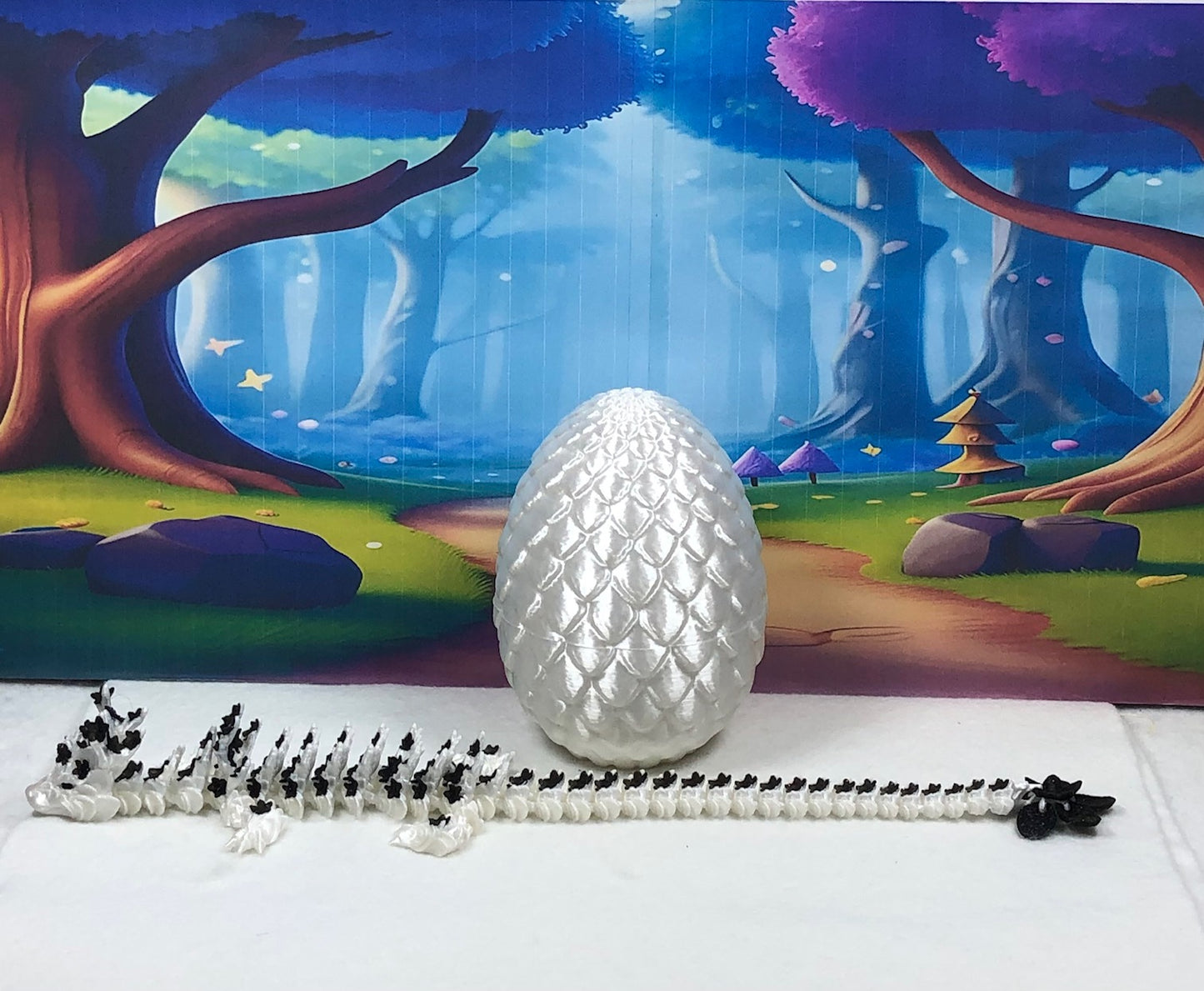 3D Printed Dragon with Egg, Articulated White AND Black Cherry Blossom Dragon, Fidget ADHD Dragon Toy - D030-WE