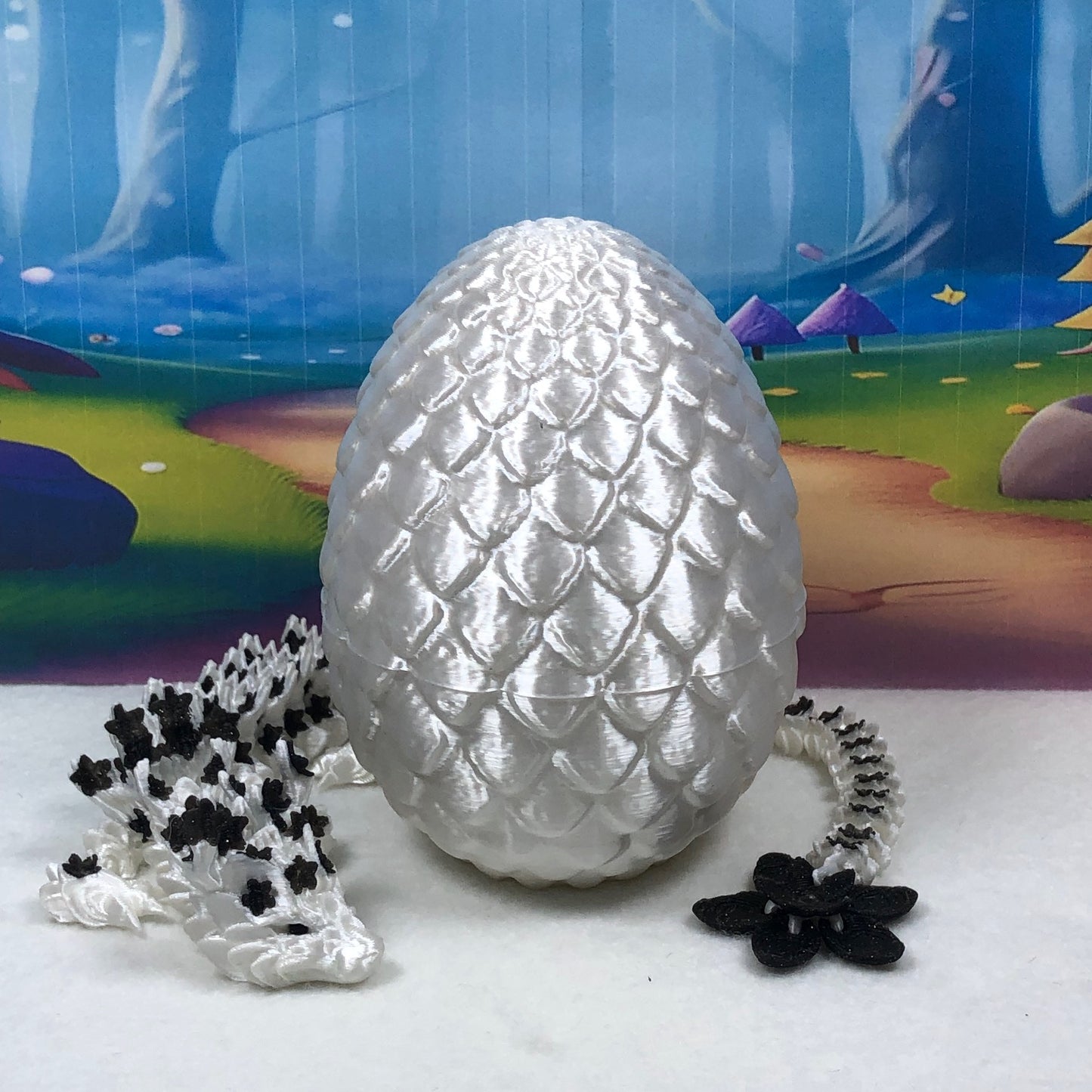 3D Printed Dragon with Egg, Articulated White AND Black Cherry Blossom Dragon, Fidget ADHD Dragon Toy - D030-WE