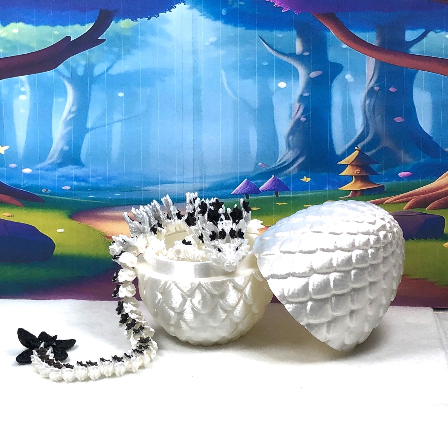 3D Printed Dragon with Egg, Articulated White AND Black Cherry Blossom Dragon, Fidget ADHD Dragon Toy - D030-WE