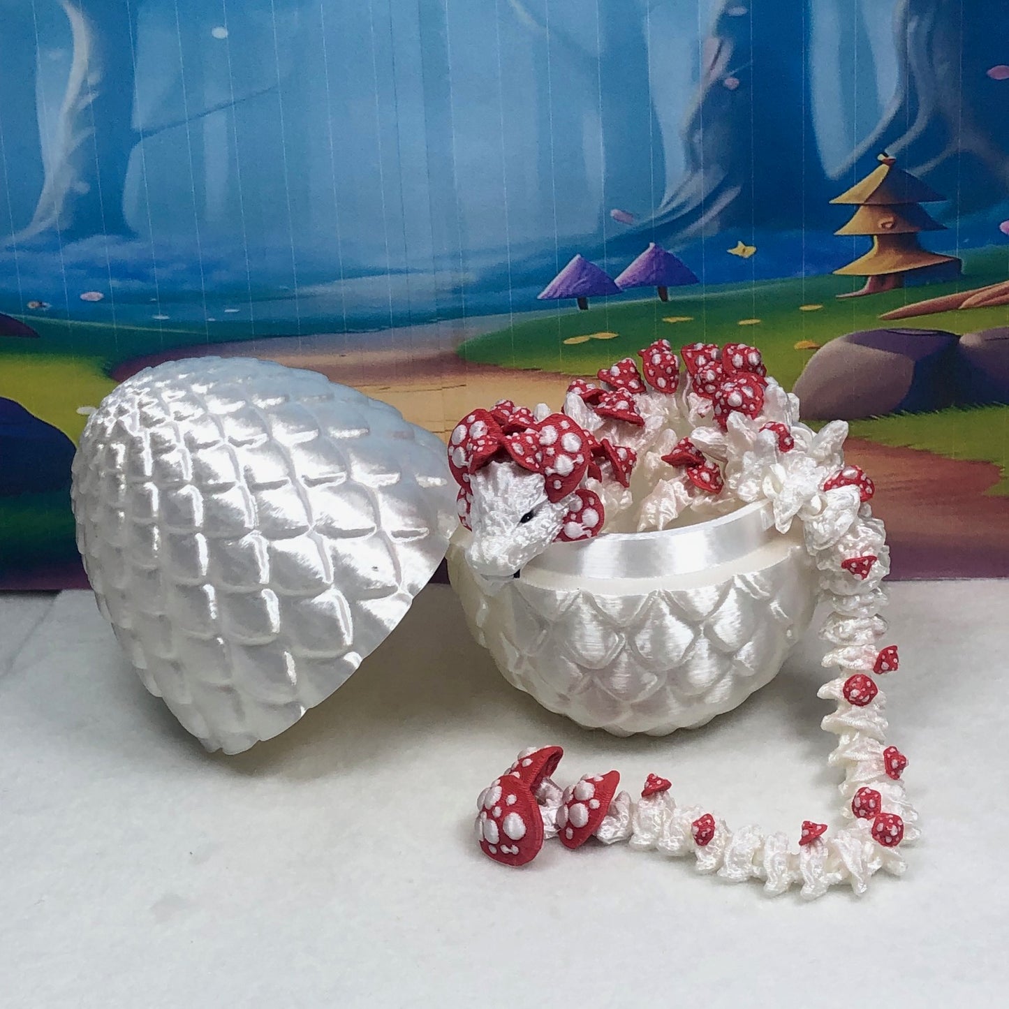 3D Printed Dragon with Egg, Articulated White and Red Mushroom Dragon, Fidget ADHD Dragon Toy - D036