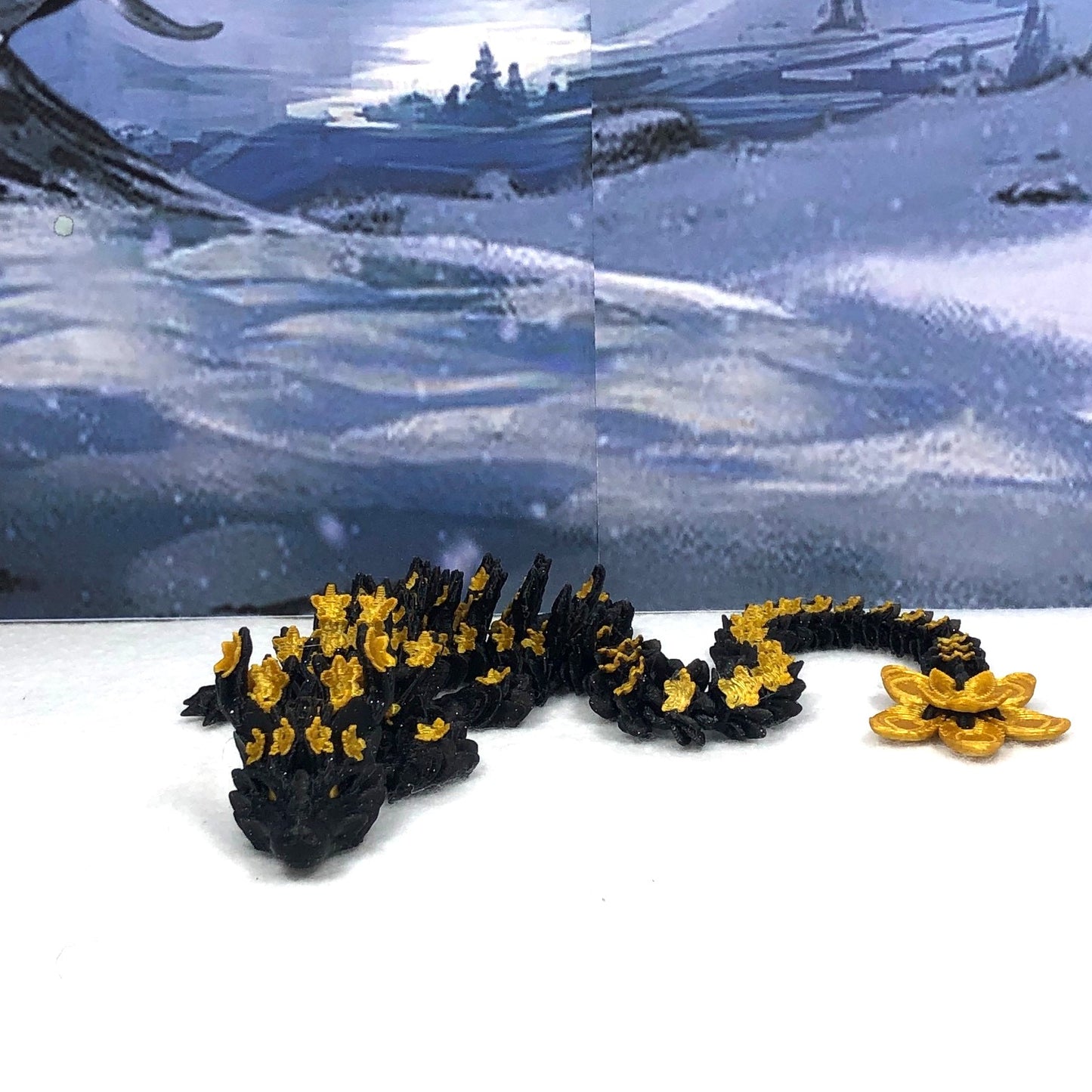 3D Printed Dragon with Egg, Articulated Black an Gold Cherry Blossom Dragon, Fidget ADHD Dragon Toy - D043