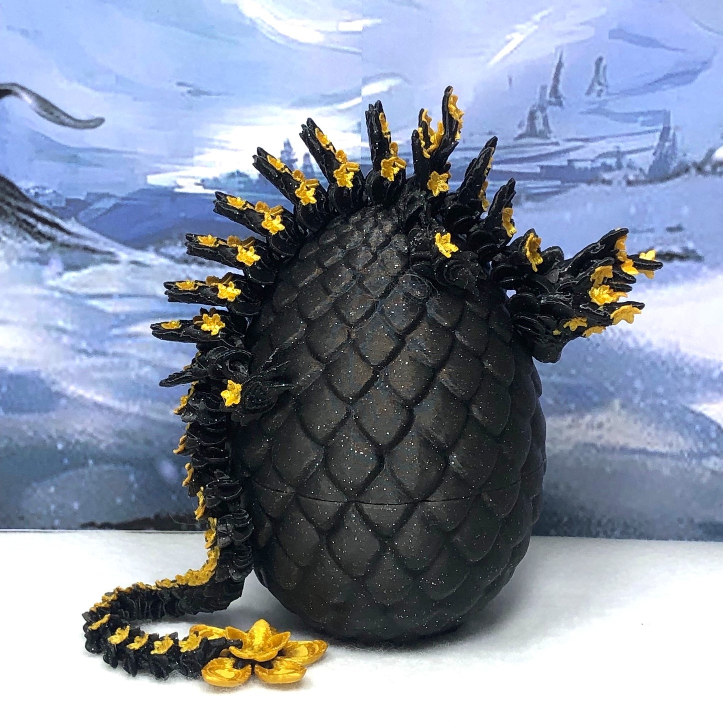 3D Printed Dragon with Egg, Articulated Black an Gold Cherry Blossom Dragon, Fidget ADHD Dragon Toy - D043