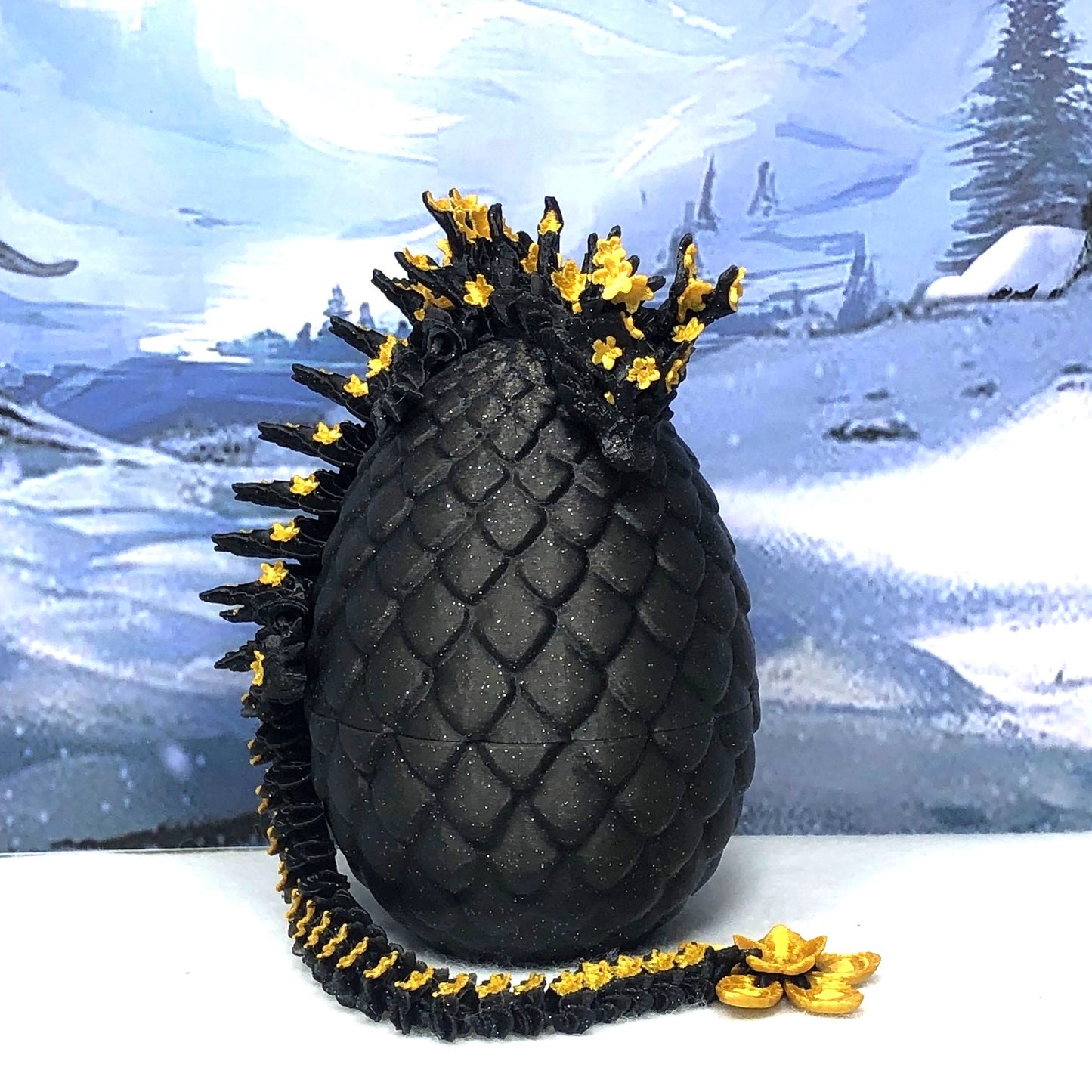 3D Printed Dragon with Egg, Articulated Black an Gold Cherry Blossom Dragon, Fidget ADHD Dragon Toy - D043