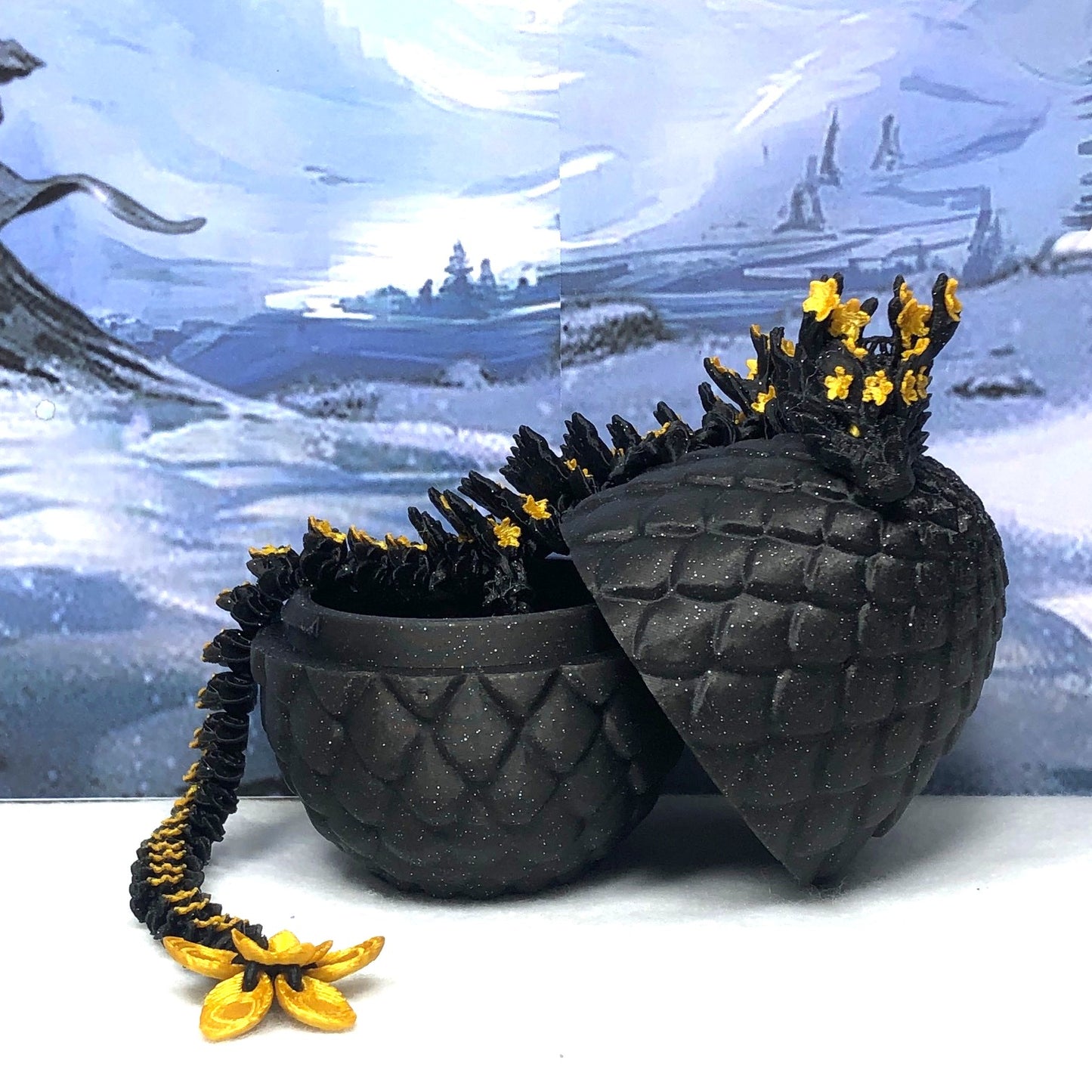 3D Printed Dragon with Egg, Articulated Black an Gold Cherry Blossom Dragon, Fidget ADHD Dragon Toy - D043