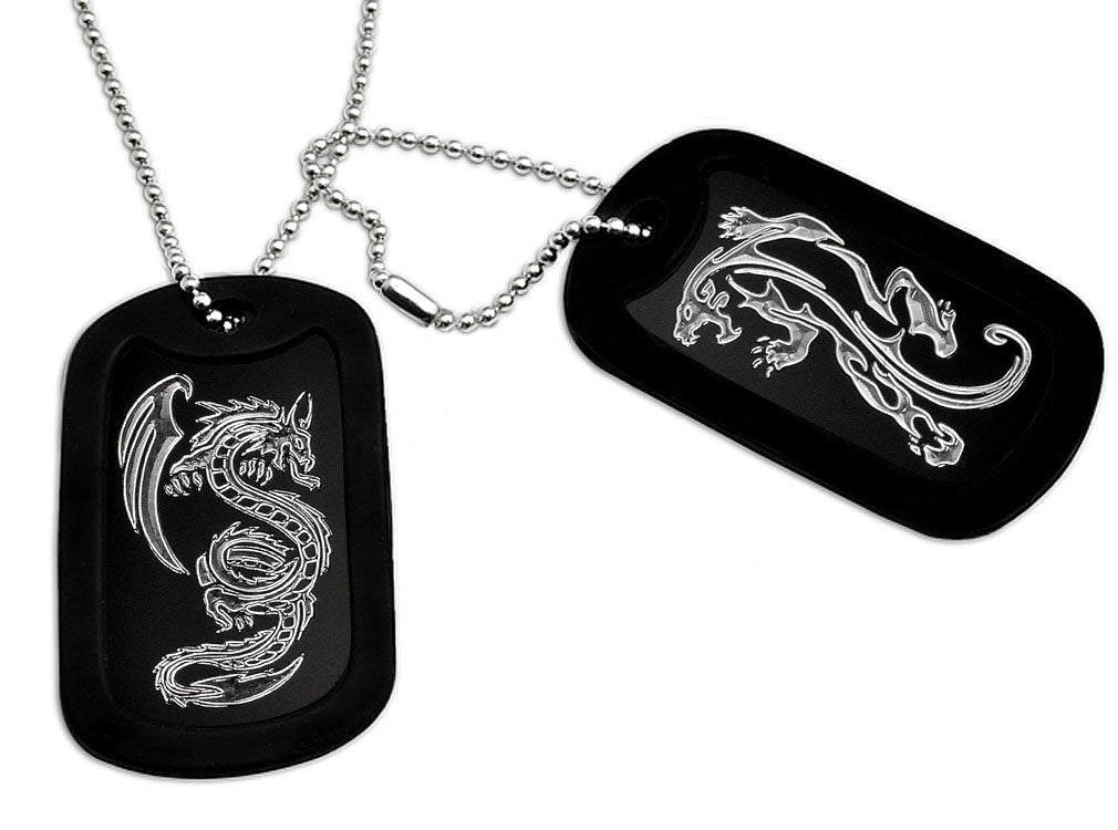 2pcs Aluminum Dog Tag Necklace for Men, Laser Engraved Dragon and Tiger Design, Black Plated Dog Tag Pendant with Bead Chain 24 Inches AN099