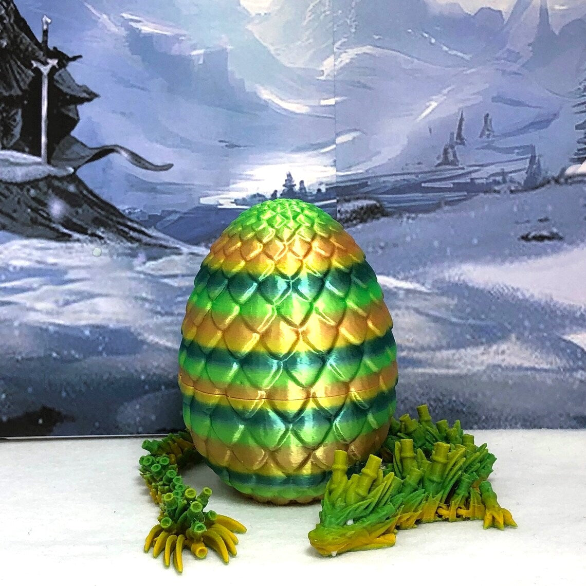 3D Printed Dragon with Egg, Articulated Yellow and Green Bamboo Dragon, Fidget ADHD Dragon Toy - D029