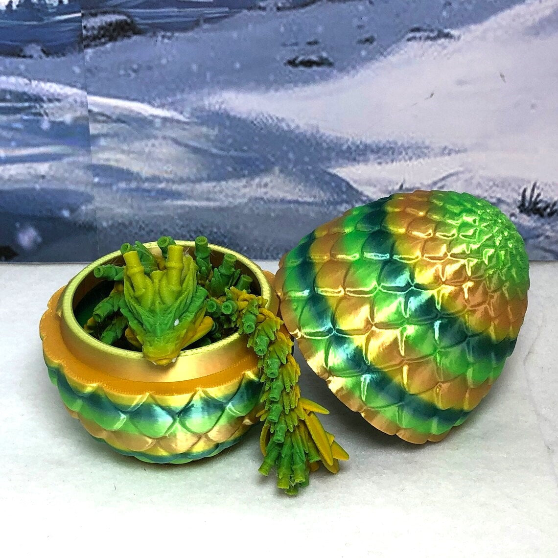 3D Printed Dragon with Egg, Articulated Yellow and Green Bamboo Dragon, Fidget ADHD Dragon Toy - D029
