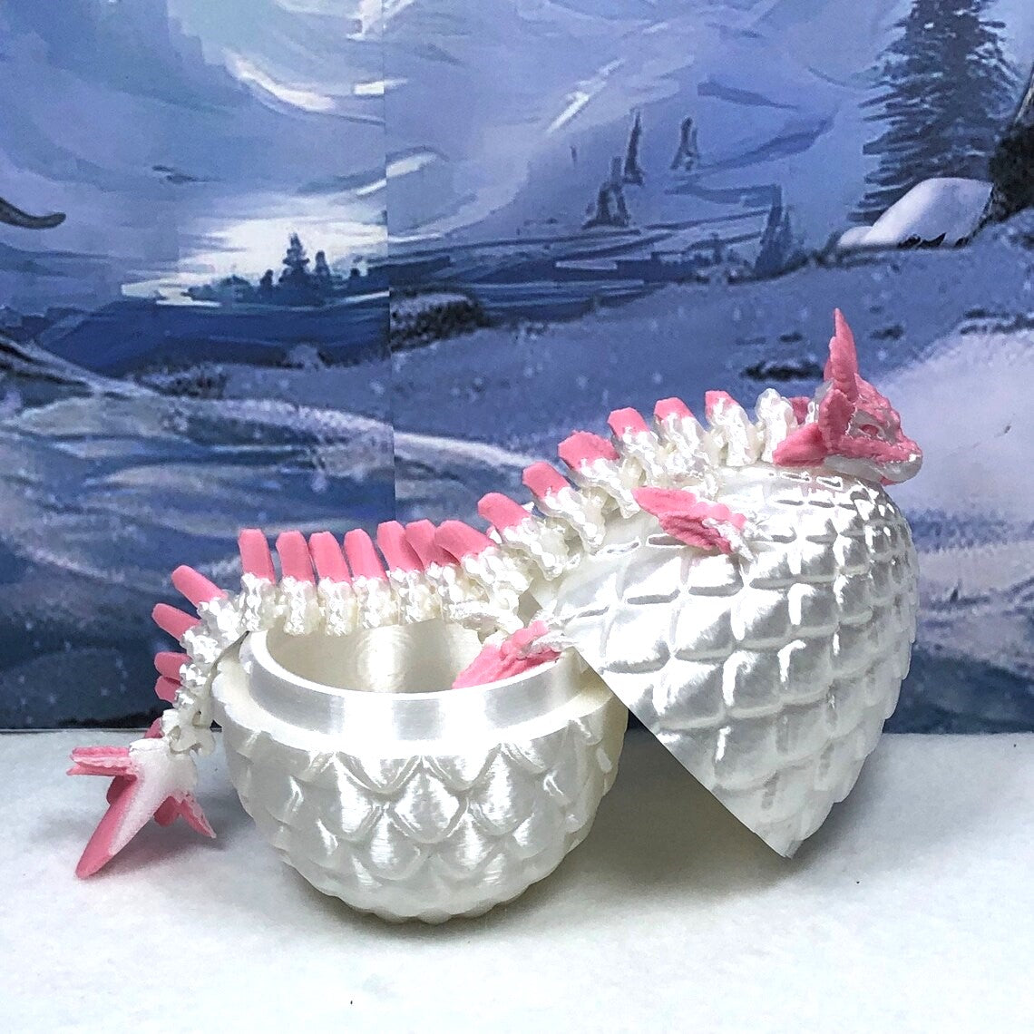 3D Printed Dragon with Egg, Articulated White and Pink Axolotl Dragon, Fidget ADHD Dragon Toy - D041WP-WE