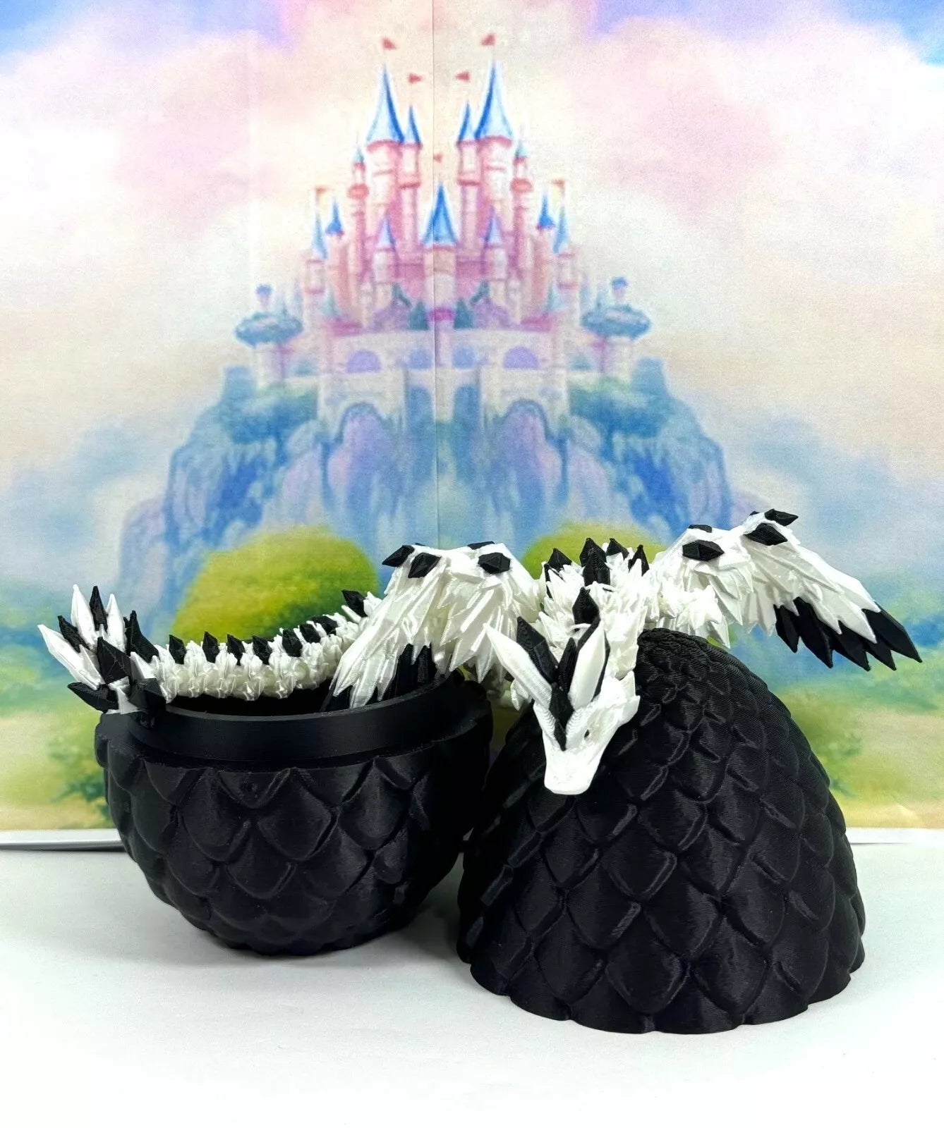 3D Printed Dragon with Egg, Articulated White and Black Crystal Winged Dragon, Fidget ADHD Dragon Toy - CW010-BE