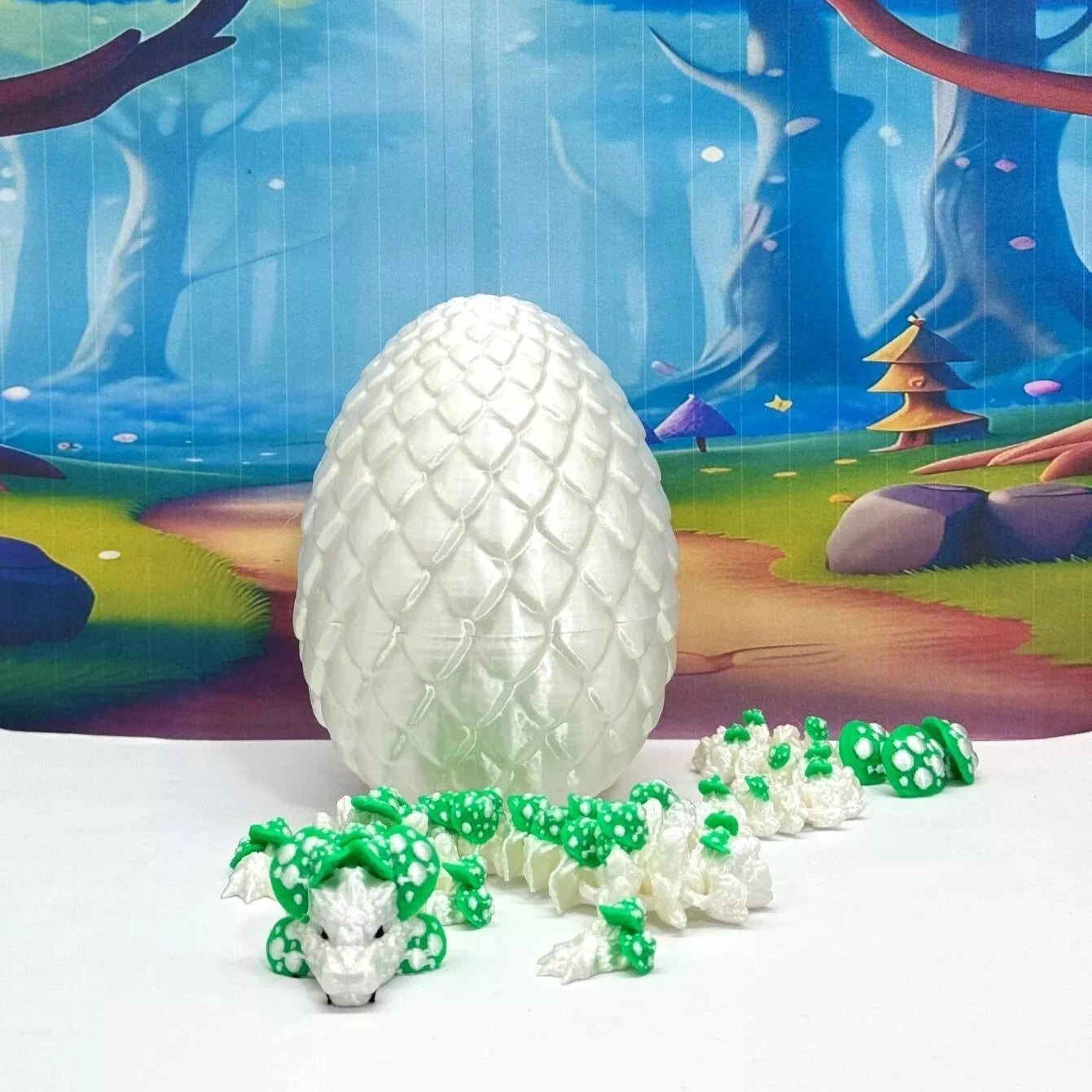 3D Printed Dragon with Egg, Articulated White and Green Mushroom Dragon, Fidget ADHD Dragon Toy - D046WG