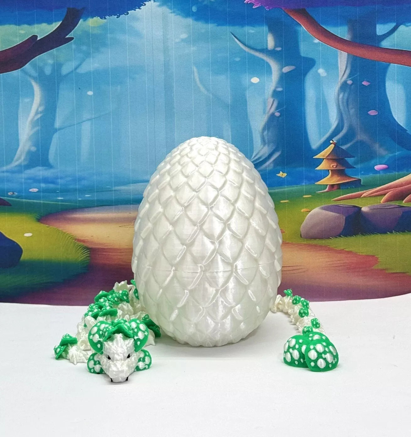 3D Printed Dragon with Egg, Articulated White and Green Mushroom Dragon, Fidget ADHD Dragon Toy - D046WG