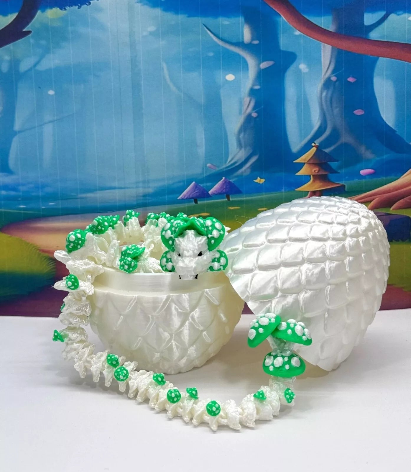 3D Printed Dragon with Egg, Articulated White and Green Mushroom Dragon, Fidget ADHD Dragon Toy - D046WG