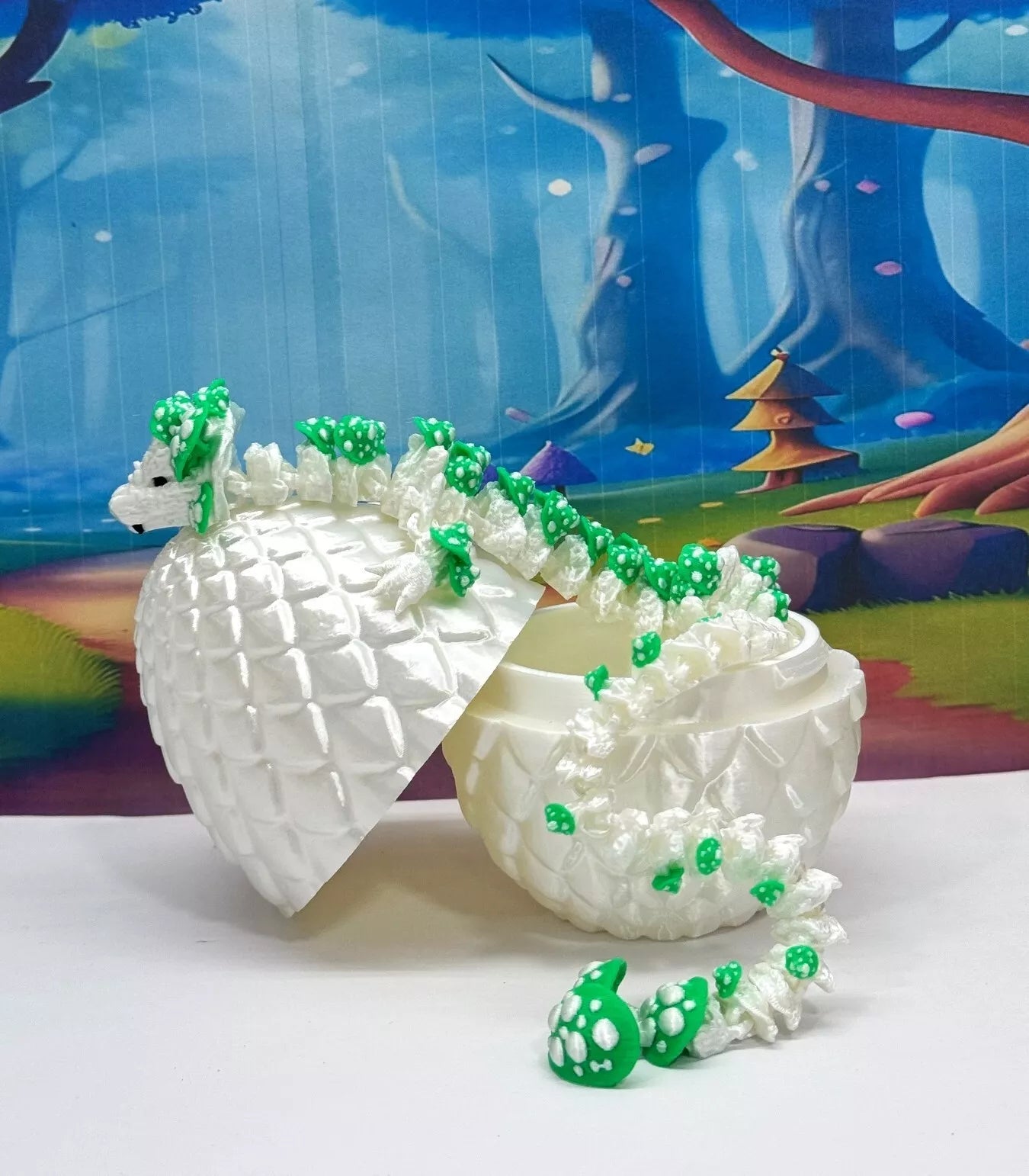3D Printed Dragon with Egg, Articulated White and Green Mushroom Dragon, Fidget ADHD Dragon Toy - D046WG