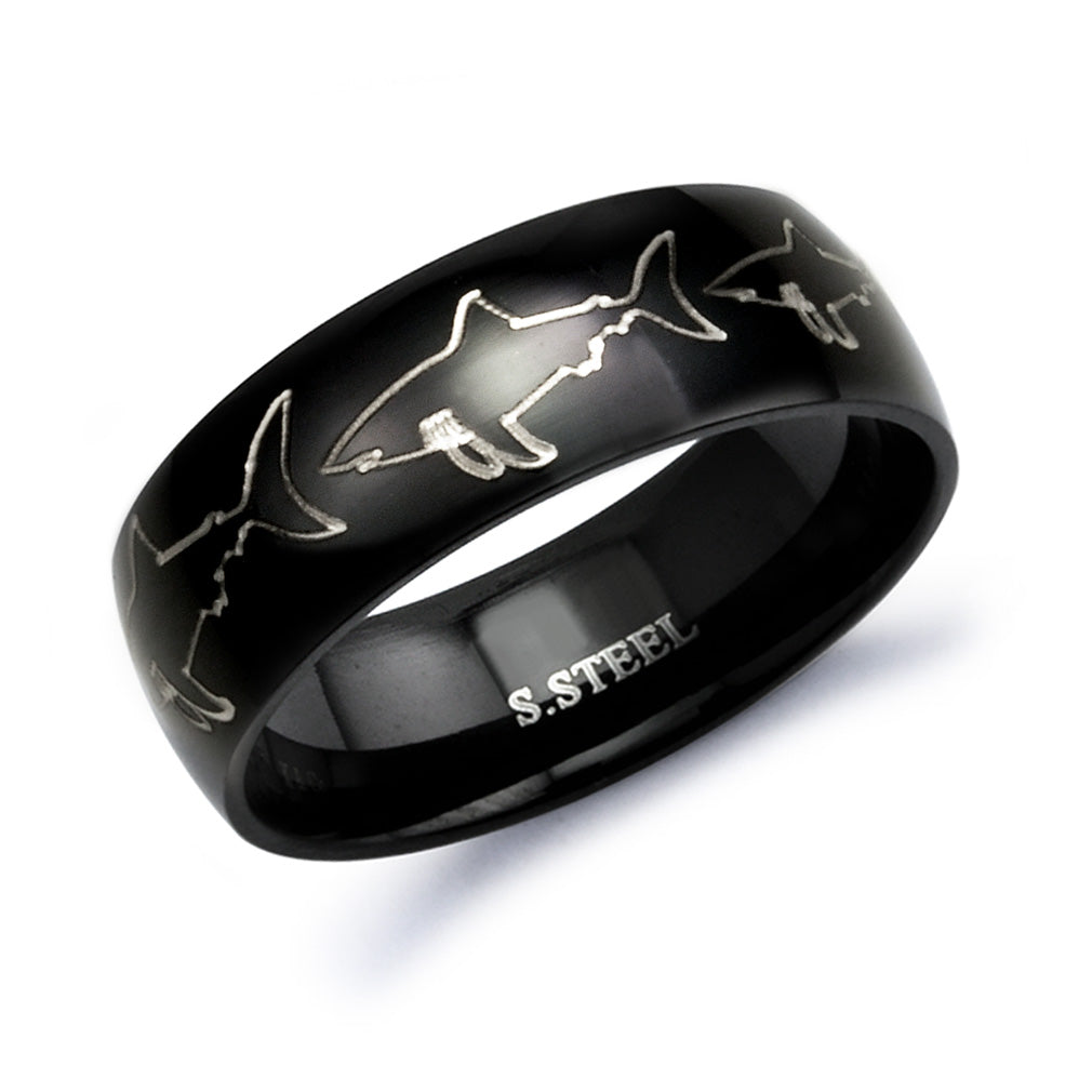 Personalized Stainless Steel Ring for Men, Laser Engraved Shark Design, Anniversary Ring Customized Promise Ring SSR409