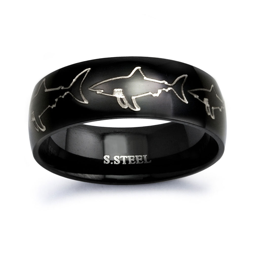 Personalized Stainless Steel Ring for Men, Laser Engraved Shark Design, Anniversary Ring Customized Promise Ring SSR409