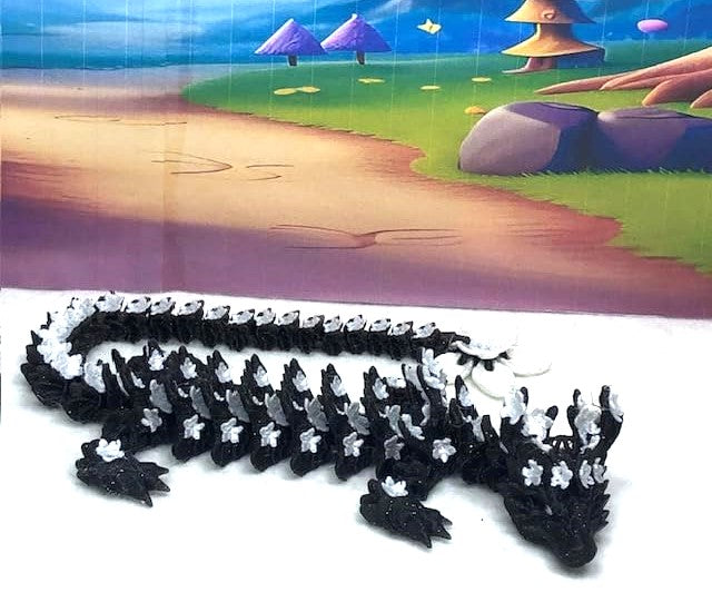3D Printed Dragons with Dragon Egg, Articulated Mother and Child Dragons, Black and White Cherry Blossom Baby Dragon, Fidget ADHD Autism Toy MCD-019-004-BLK-WE